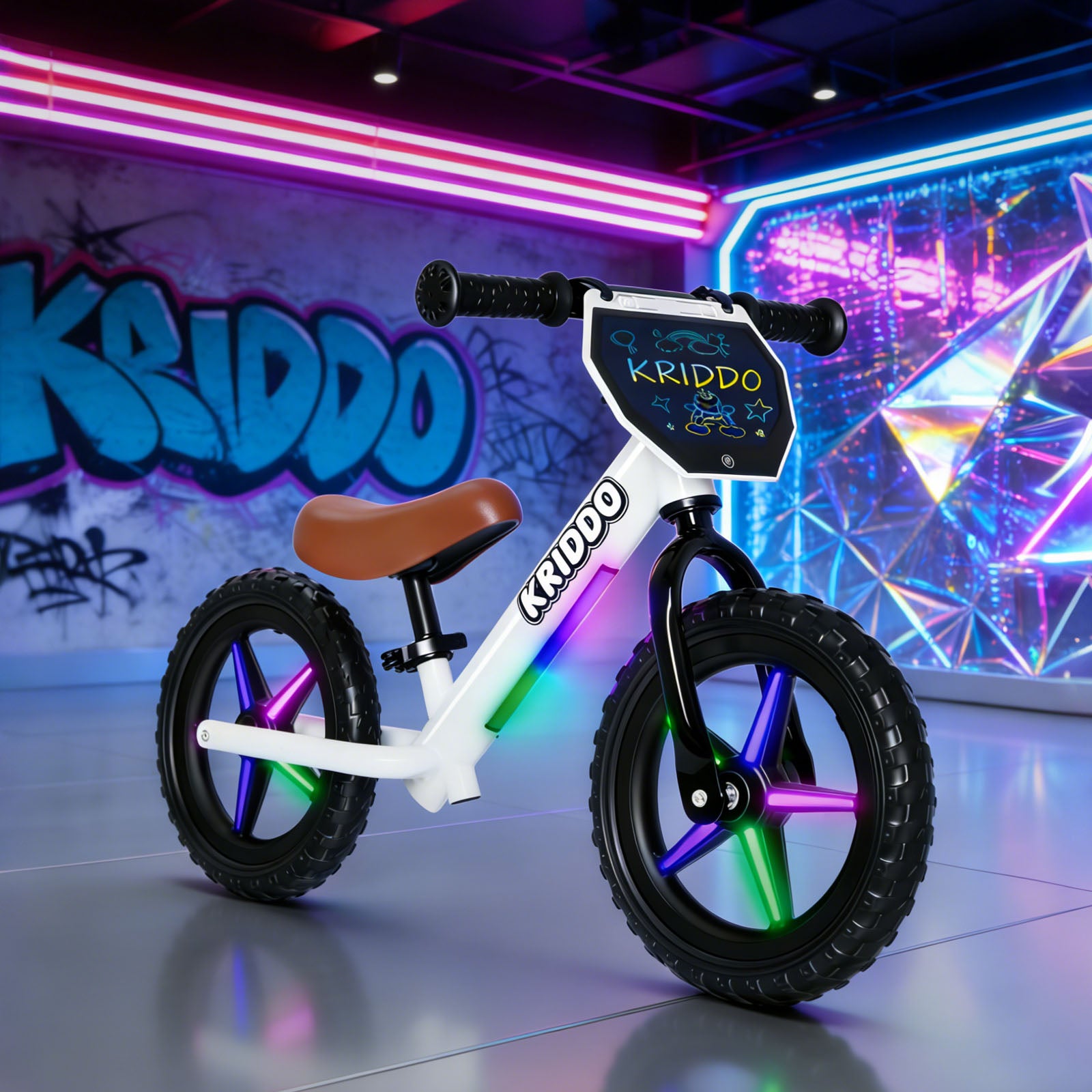 KRIDDO LED Kids Balance Bike with Light up Wheels and Electronic Plate White