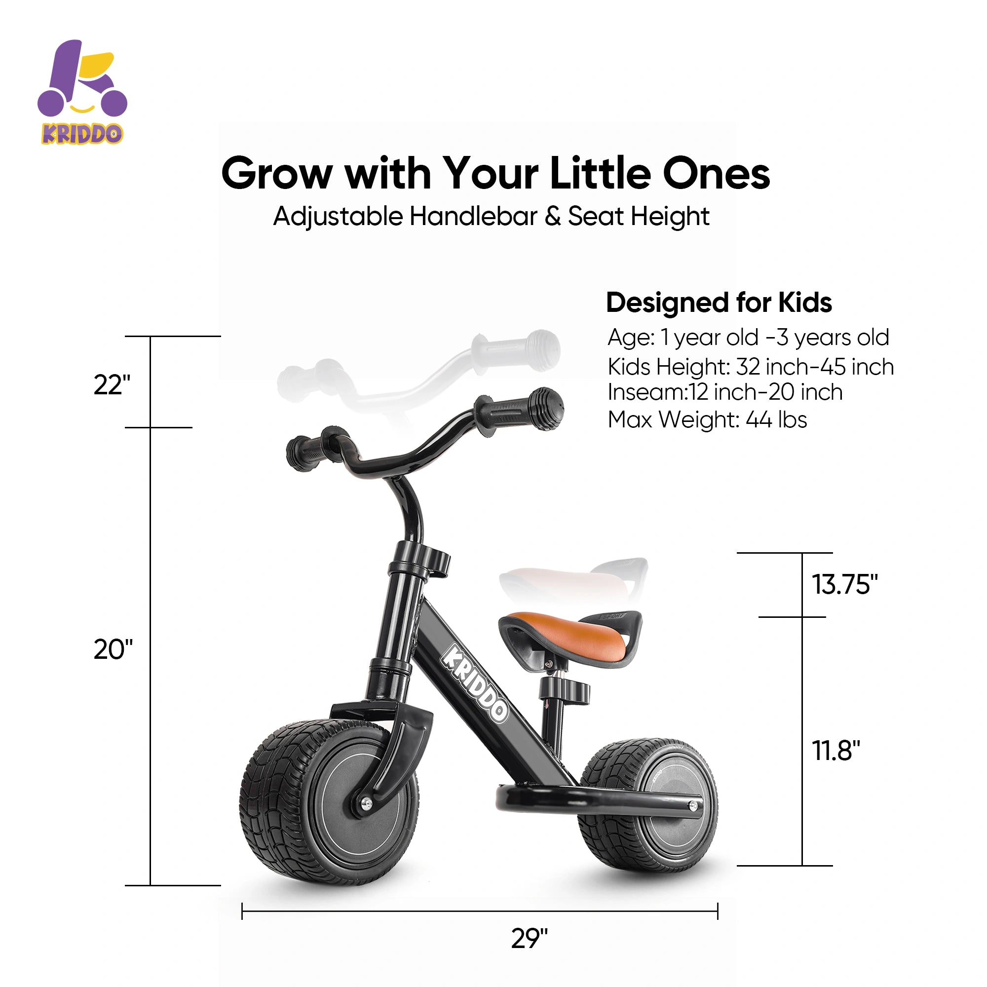 KRIDDO baby balance bike with adjustable handlebar and seat height, designed for ages 1 to 3 years old.