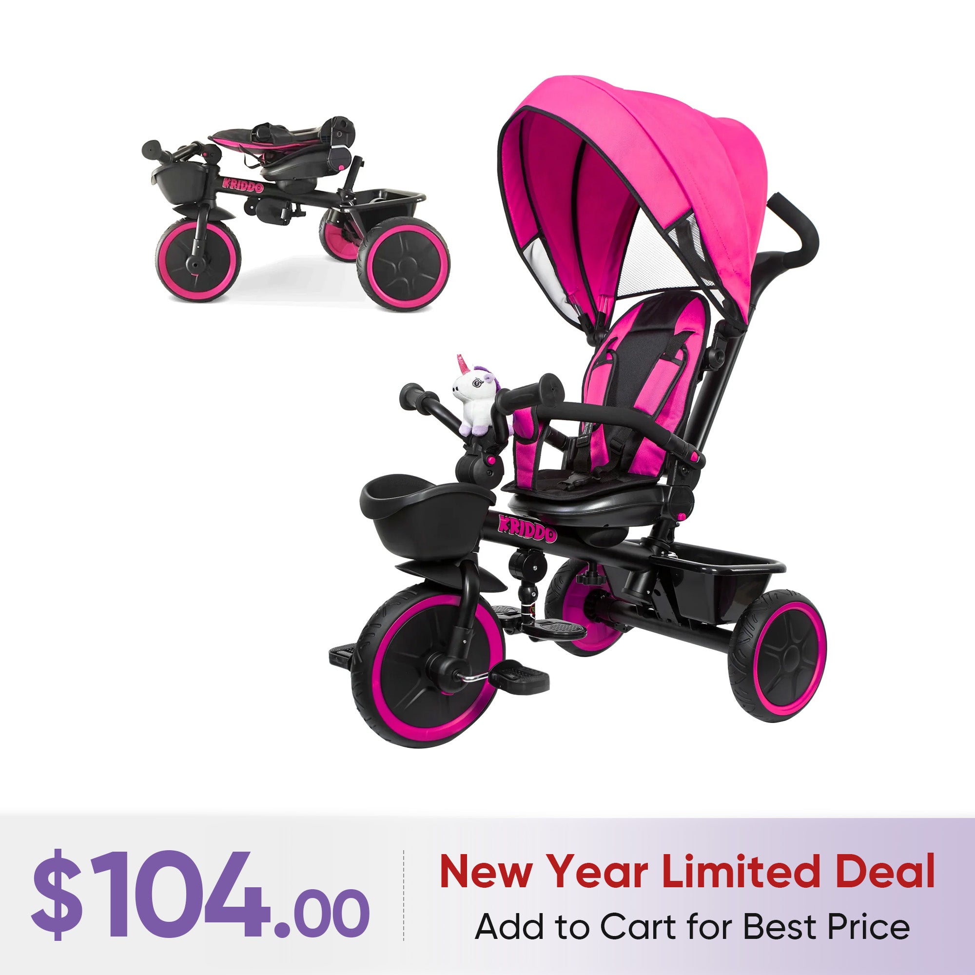 KRIDDO 7-in-1 Kids Tricycle Stroller with Push Handle for 18 Months to 5 Years Old Pink