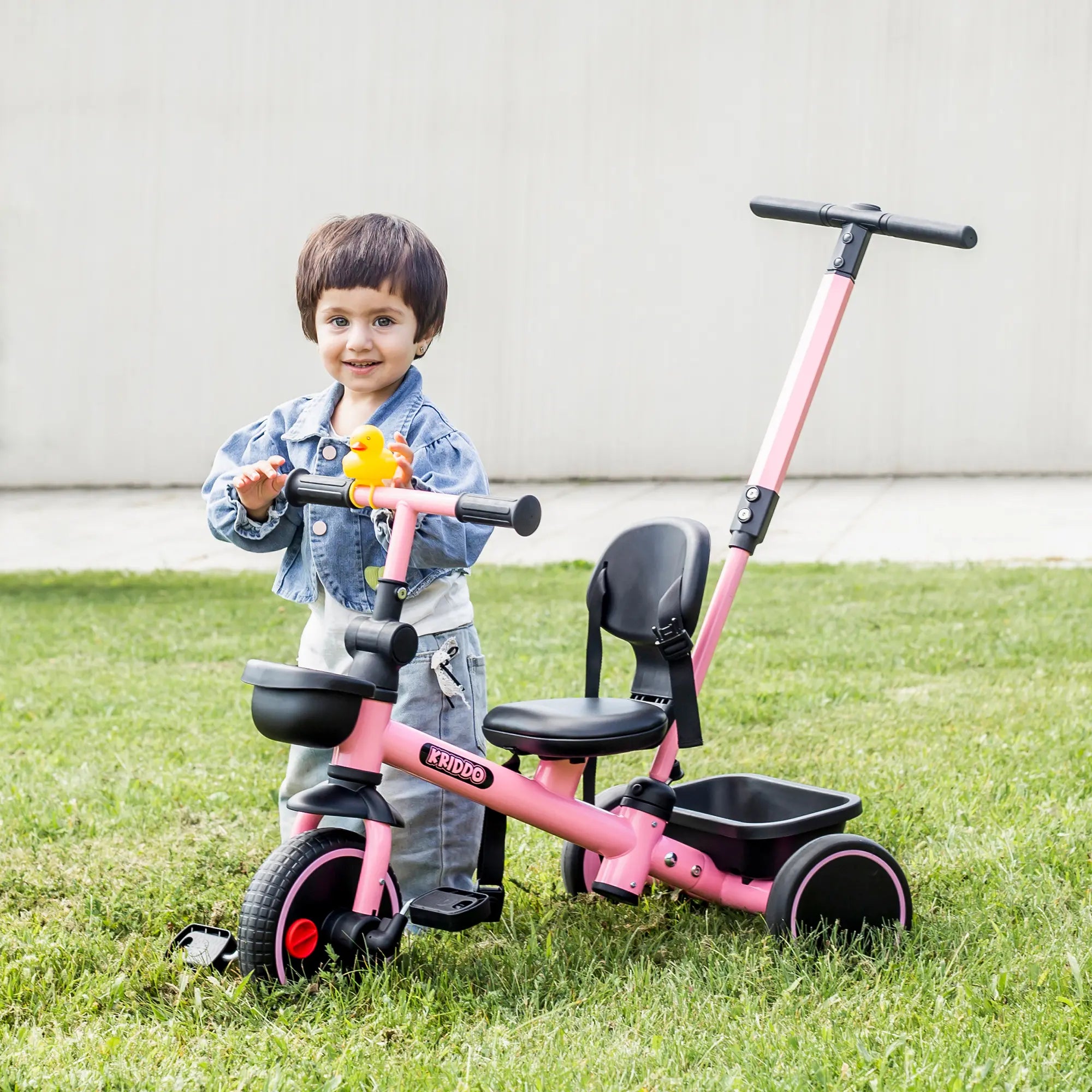 Girl playing with a pink push tricycle on grass