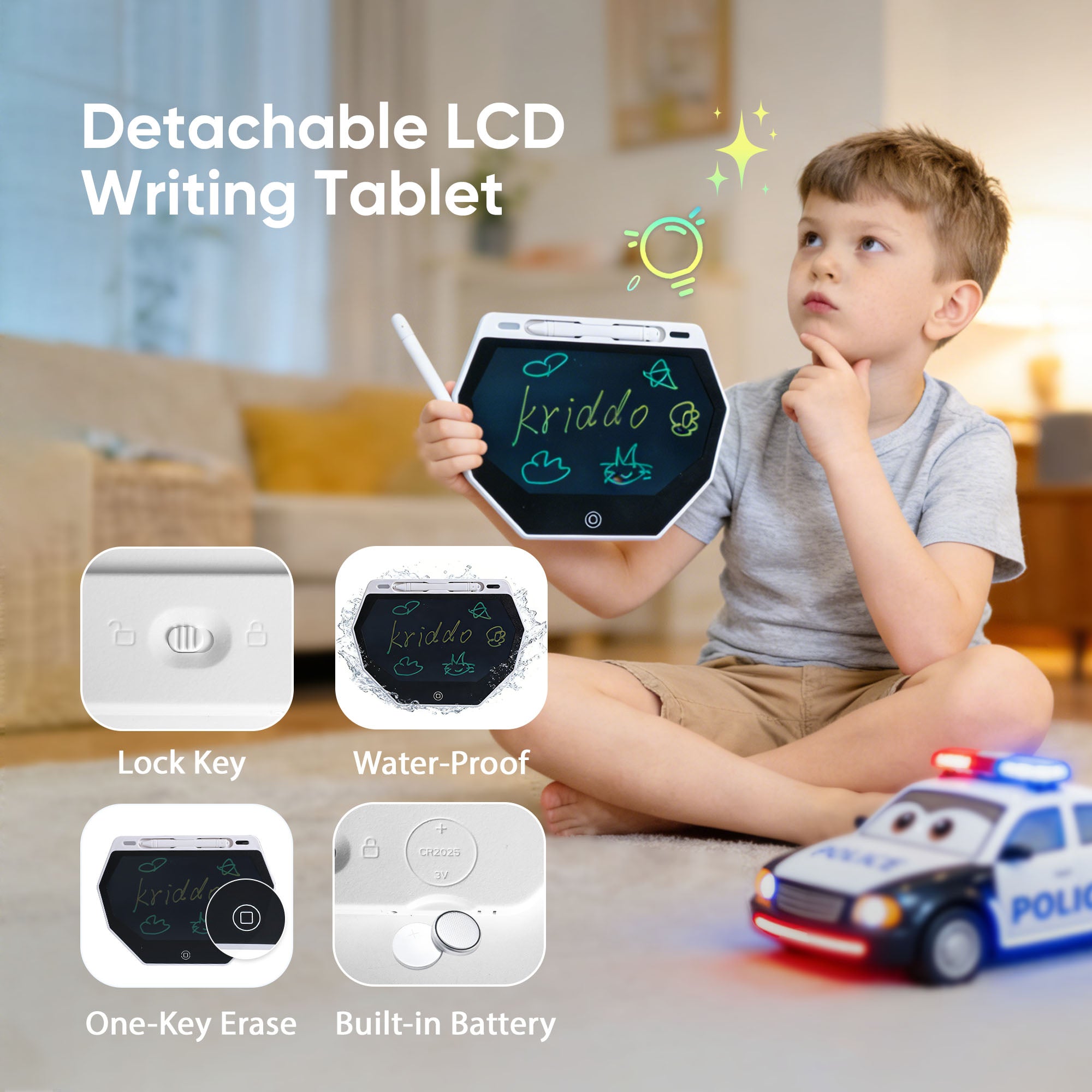 Child holding a detachable LCD writing tablet