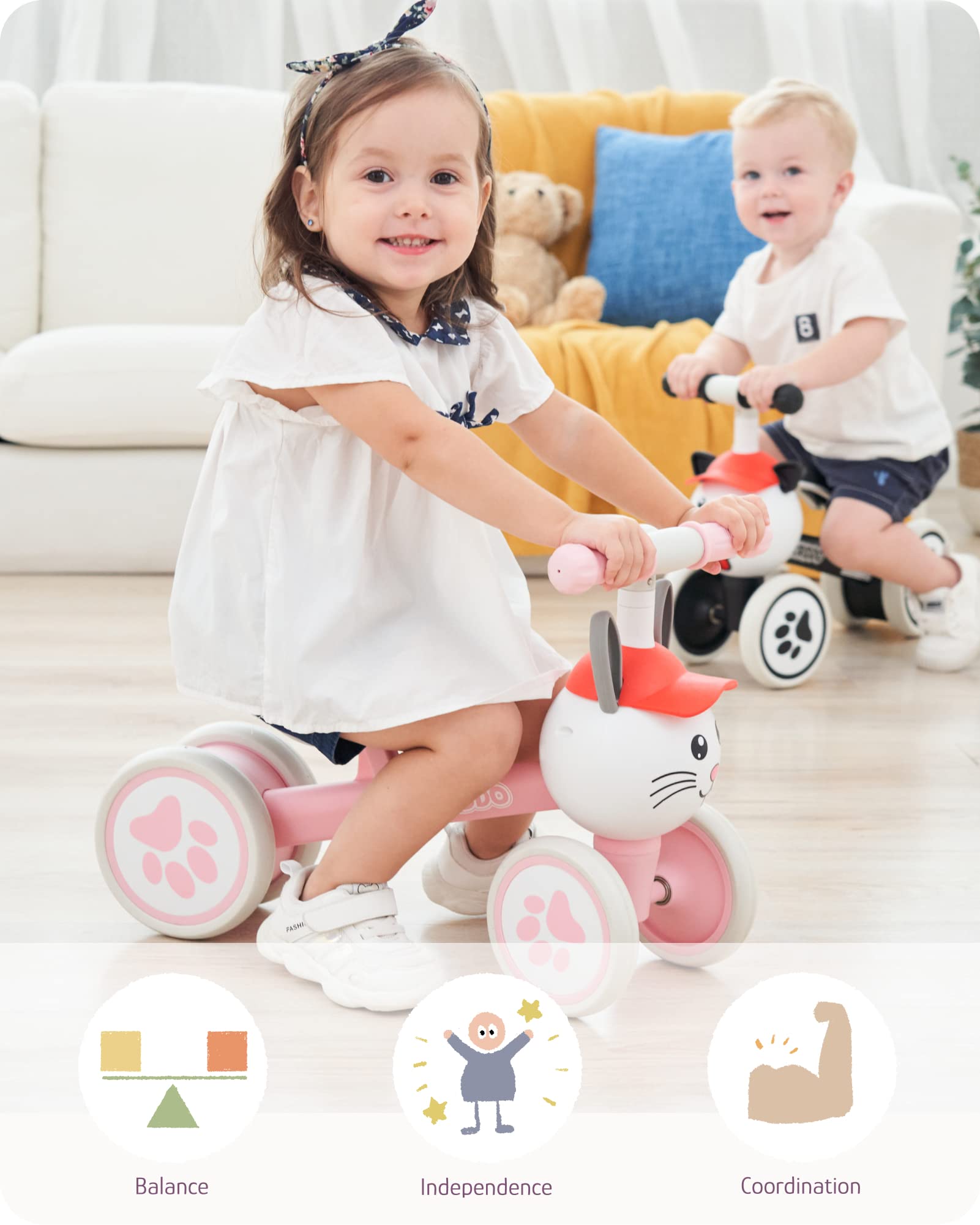KRIDDO Baby Balance Bike for 1-2 Year Old Boy and Girl, Toddler Mini Bike for One Year Old First Birthday Gifts Baby Toys 12 Months to 2 Year Old Ride-on Toys Gifts Indoor Outdoor Balance Bike, Bunny