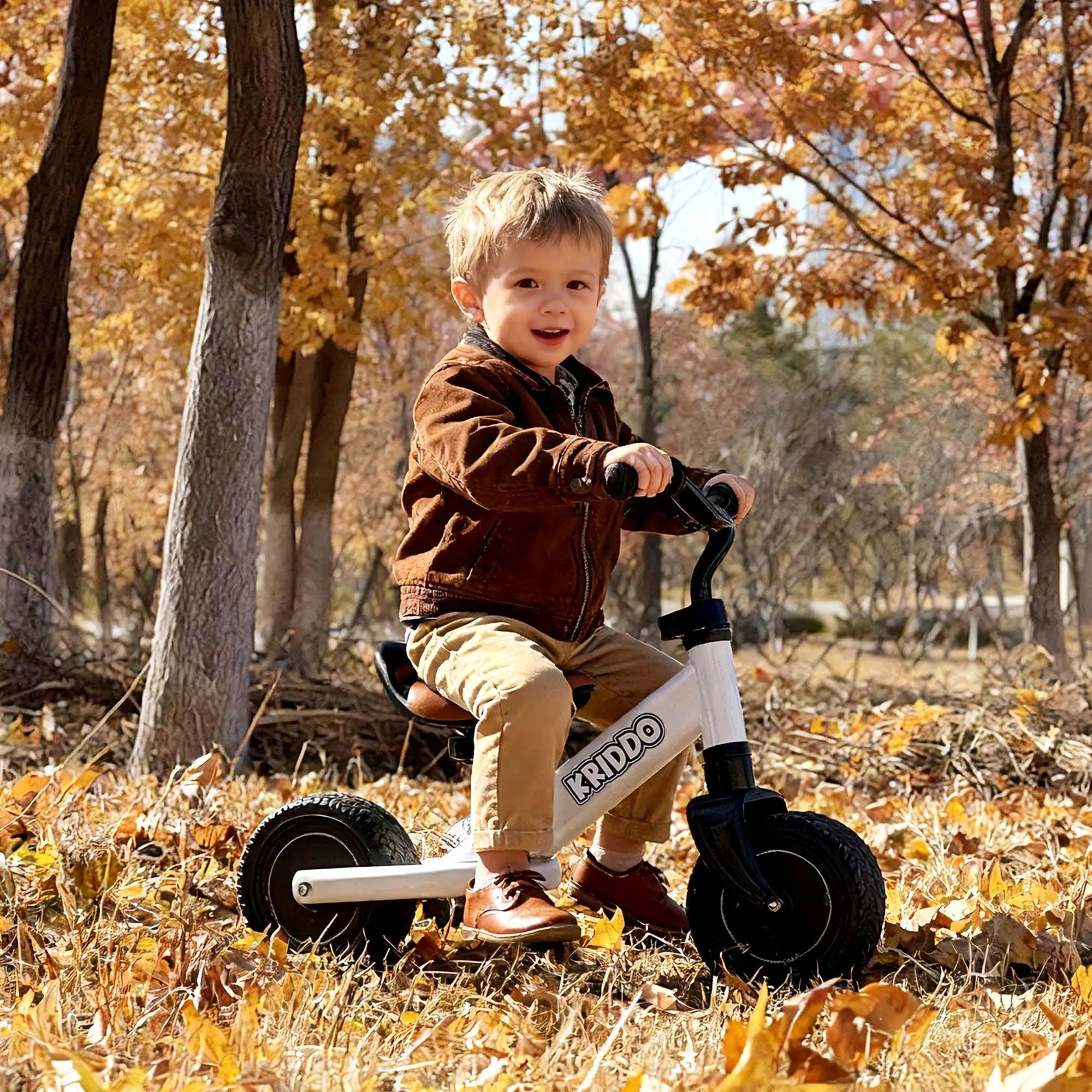 Toddler boy riding KRIDDO baby balance bike in an autumn forest