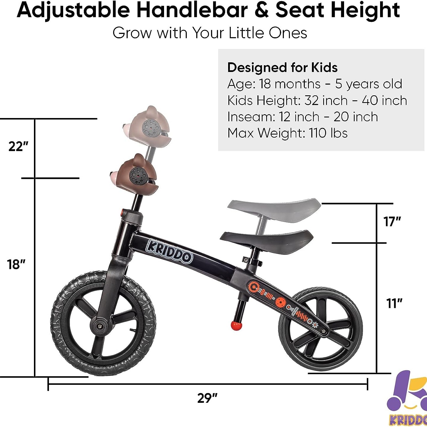KRIDDO Black Dual Balance Bike for Toddlers Aged 18 Months to 5 Years