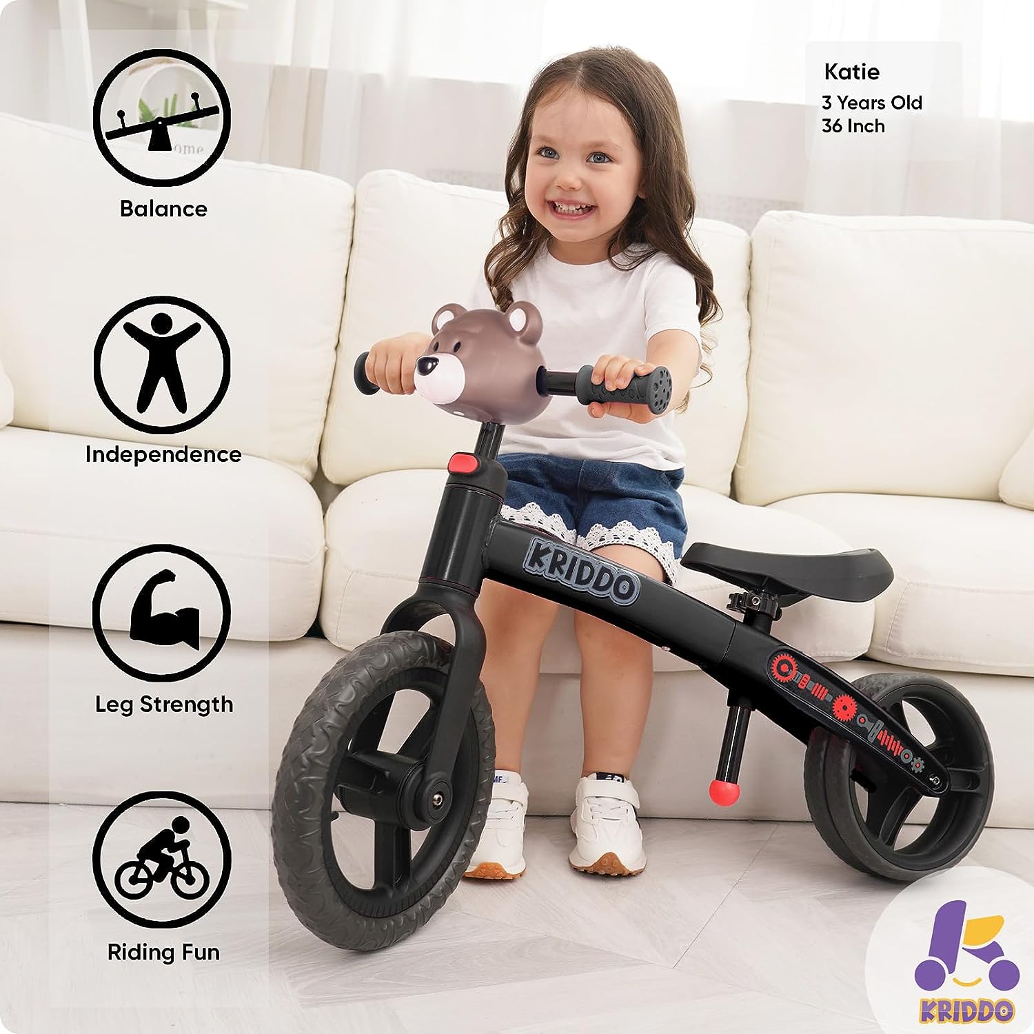 KRIDDO Black Toddler Balance Bike for 18 Months to 5 Years Dual