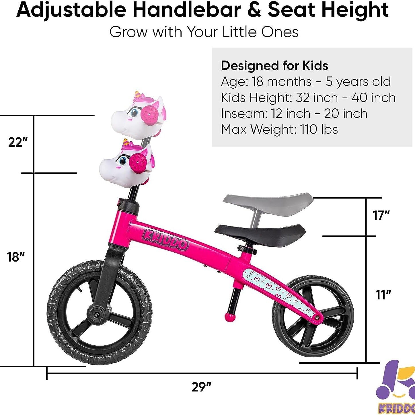KRIDDO Dual Pink Balance Bike for Kids 18 Months to 5 Years Old