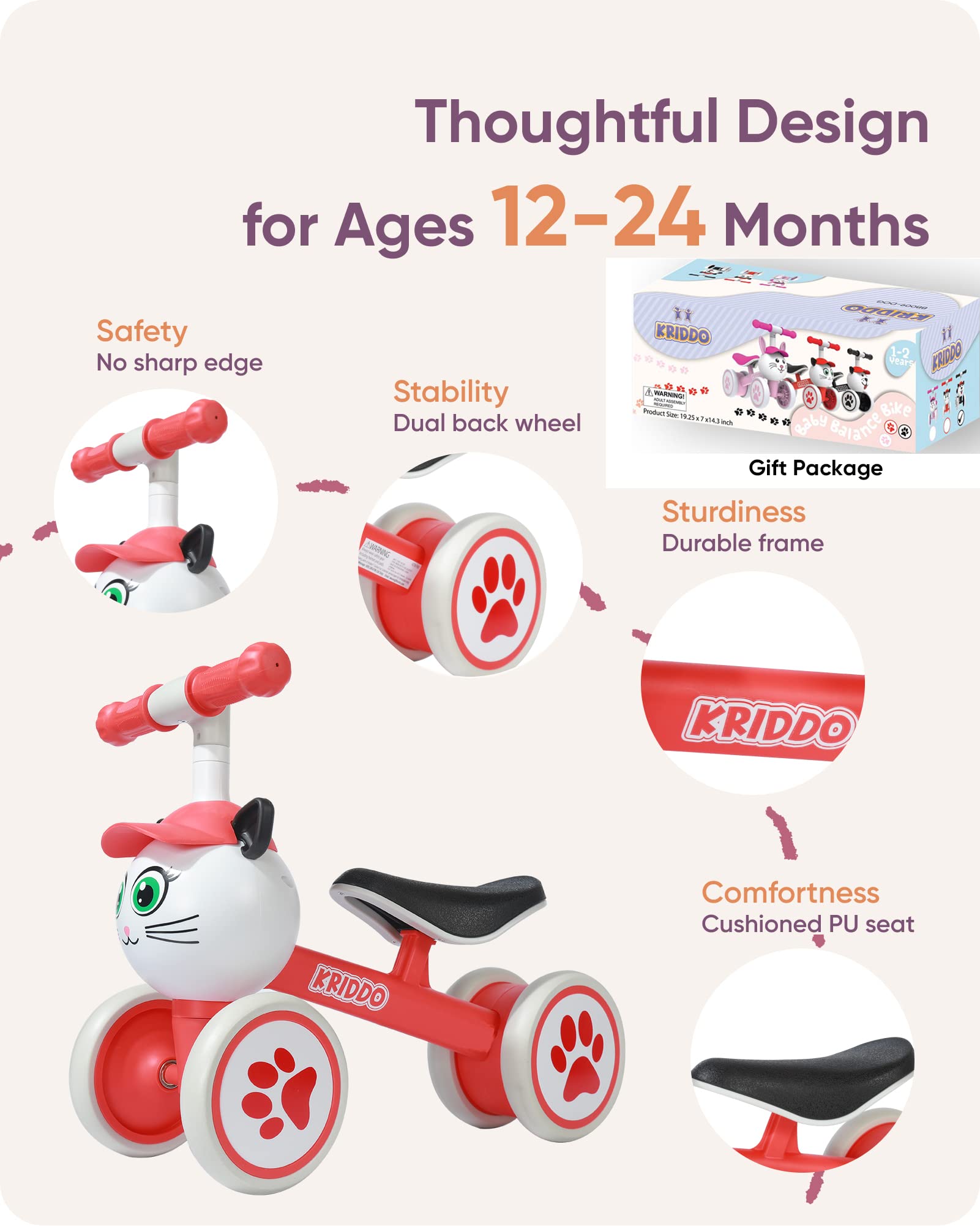 KRIDDO Baby Balance Bike for 1-2 Year Old Boy and Girl, Toddler Mini Bike for One Year Old First Birthday Gifts Baby Toys 12 Months to 2 Year Old Ride-on Toys Gifts Indoor Outdoor Balance Bike, Kitten