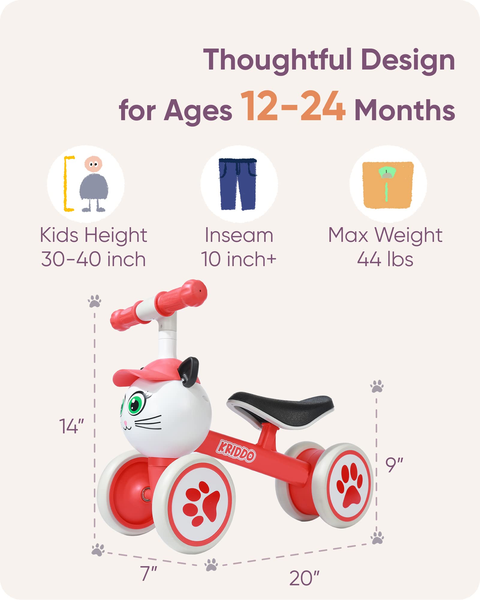 KRIDDO Baby Balance Bike for 1-2 Year Old Boy and Girl, Toddler Mini Bike for One Year Old First Birthday Gifts Baby Toys 12 Months to 2 Year Old Ride-on Toys Gifts Indoor Outdoor Balance Bike, Kitten