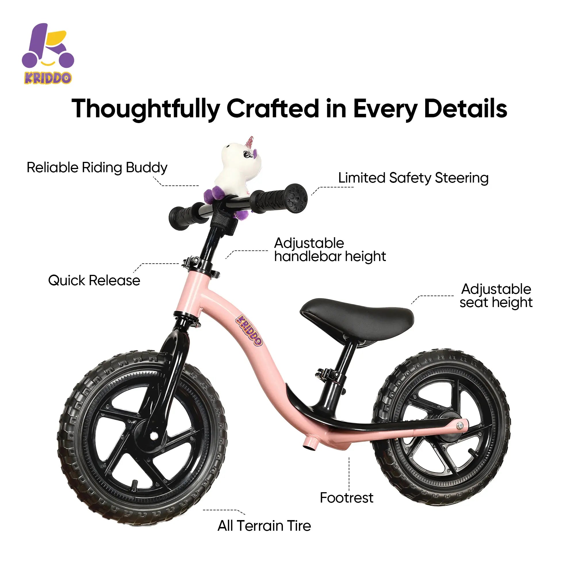 KRIDDO pink toy balance bike features