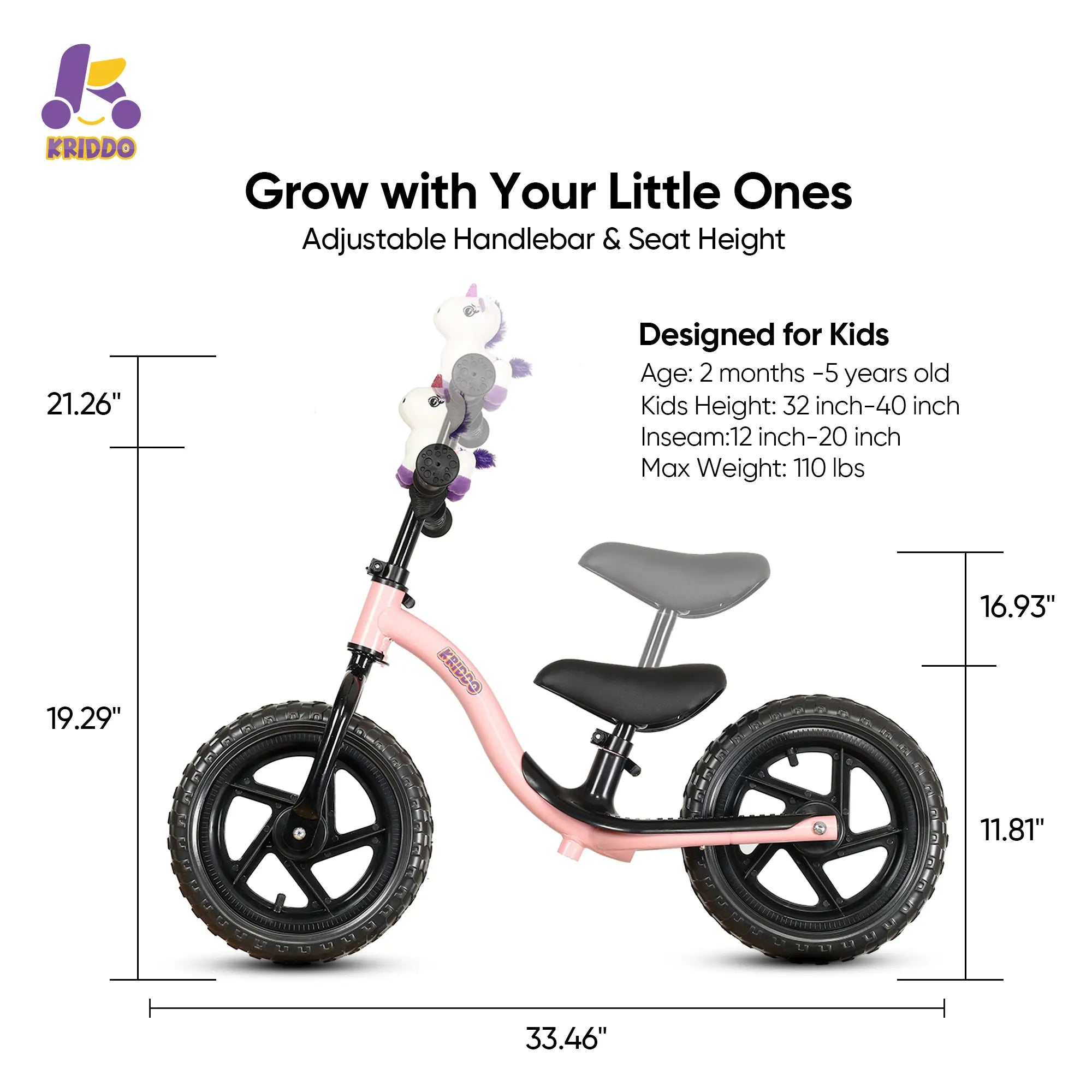 KRIDDO unicorn balance bike with dimensions and features