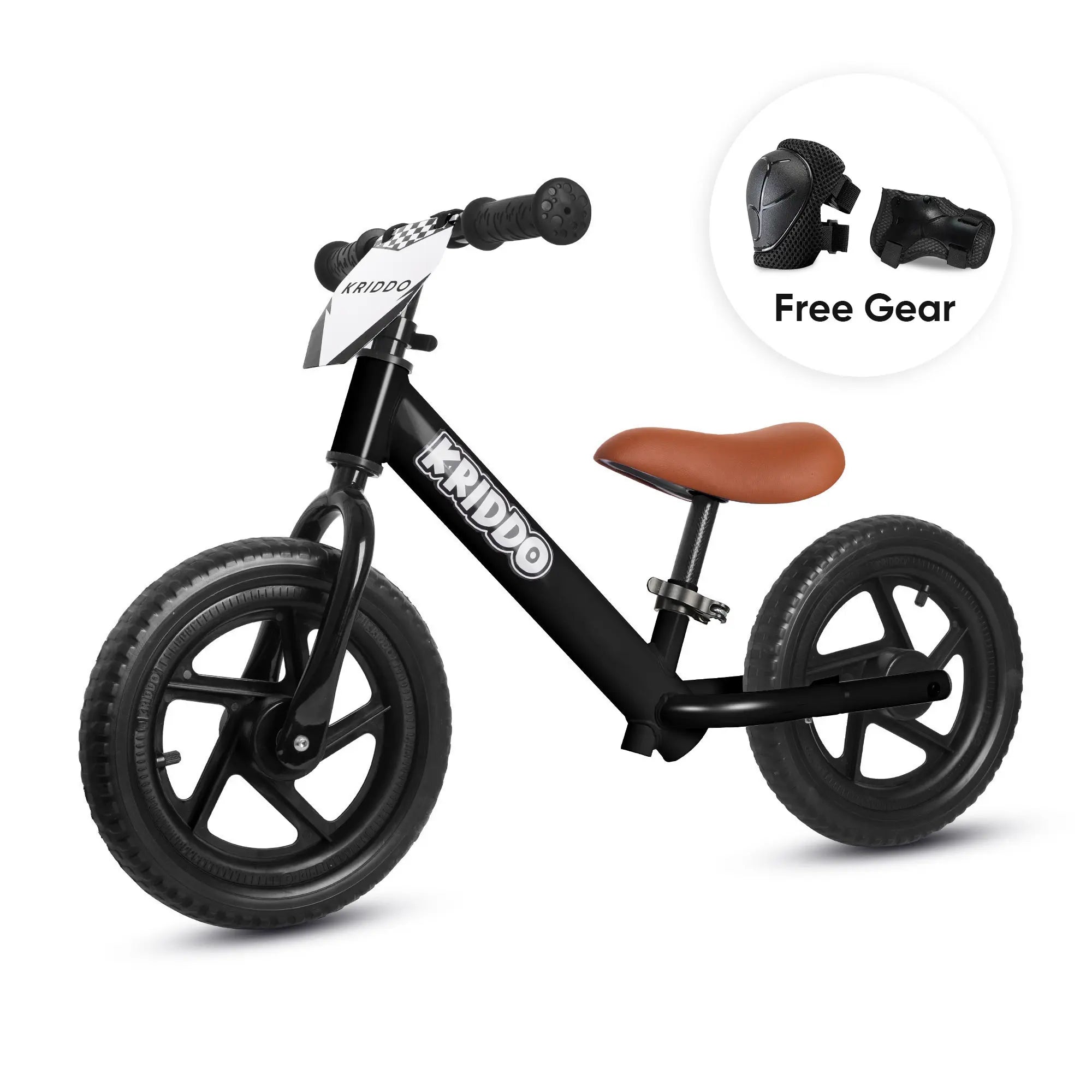 KRIDDO 12 Inch Toddler Balance Bike with Custom Name Plate for Ages 2–5 White, Includes Free Protective Gear Set Black