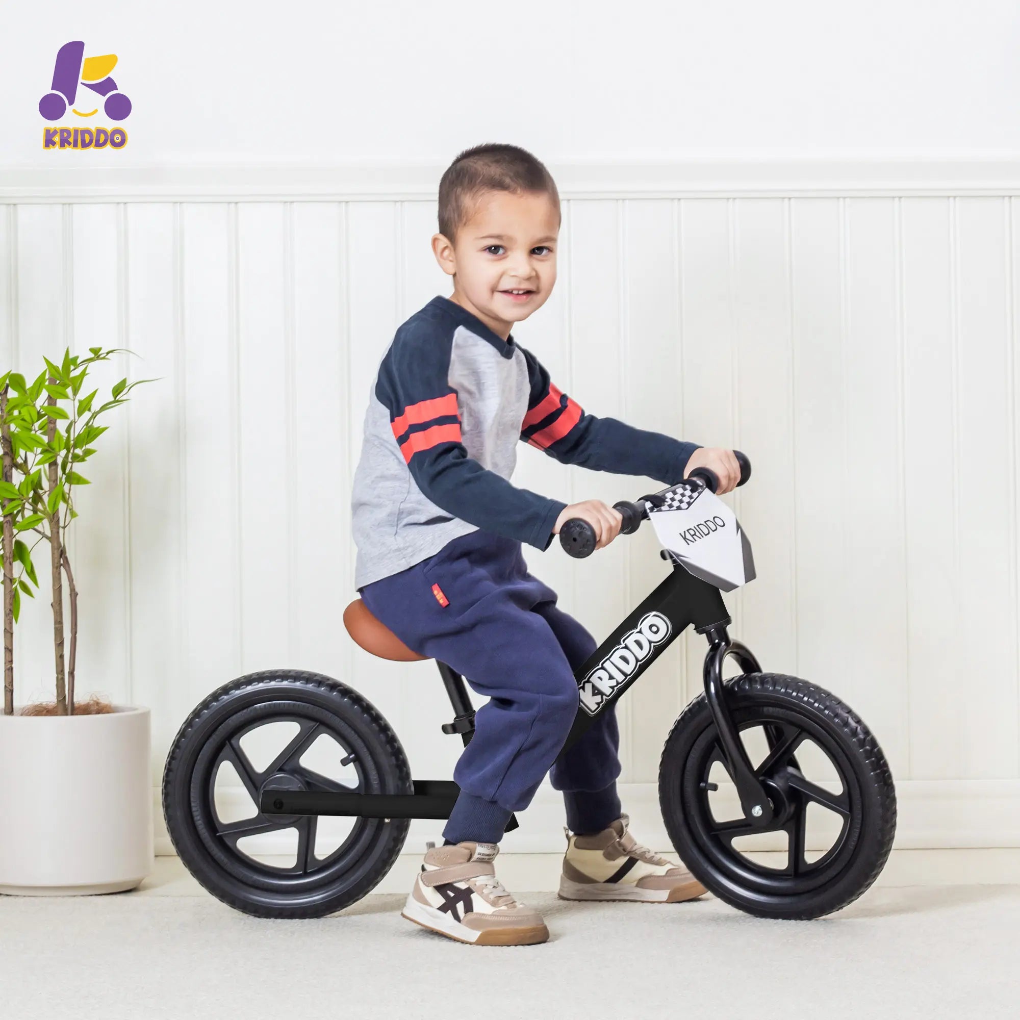 KRIDDO Toddler 12 Inch Balance Bike with Customizable Plate for Ages 2 to 5 Years Black
