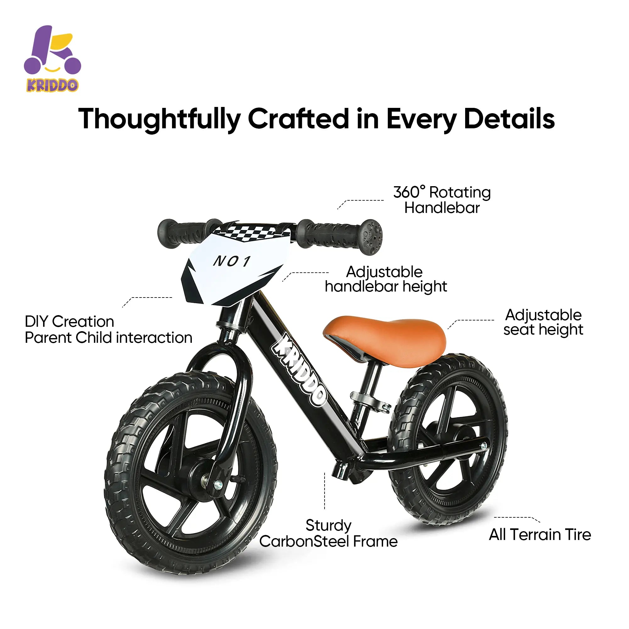 KRIDDO 12 Inch Toddler Balance Bike with Custom Name Plate for Ages 2–5 Black Features