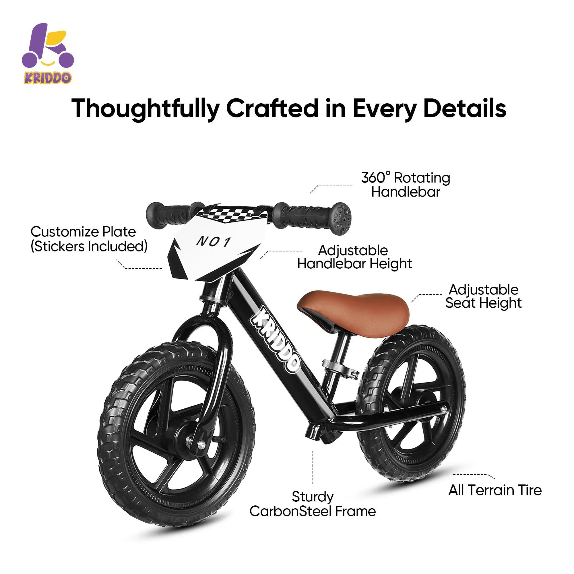 KRIDDO Classic Toddler Balance Bike with Customizable Plate for Ages 2 to 5 Years Black