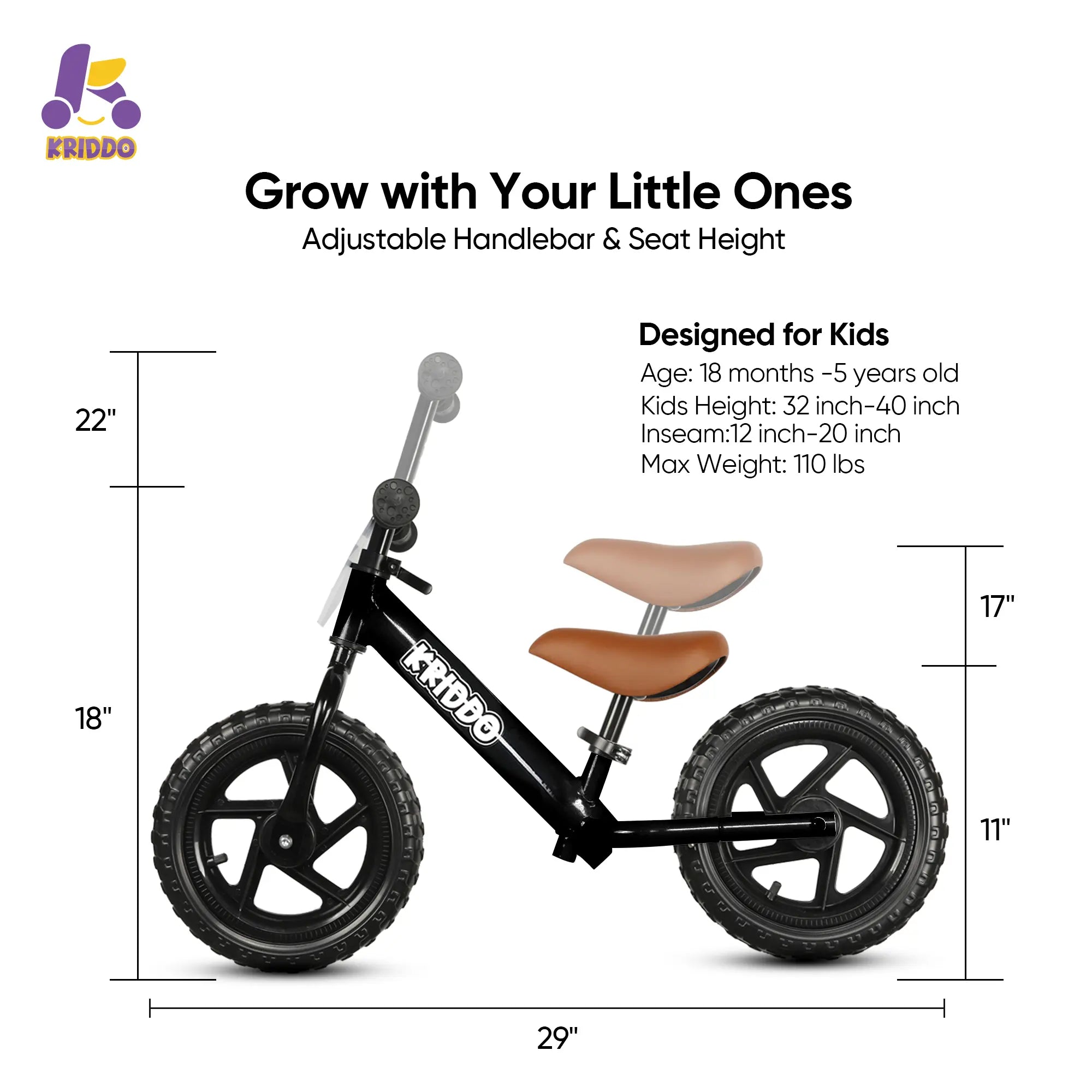 KRIDDO Black 12-inch toddler balance bike with personalized name plate and adjustable design.