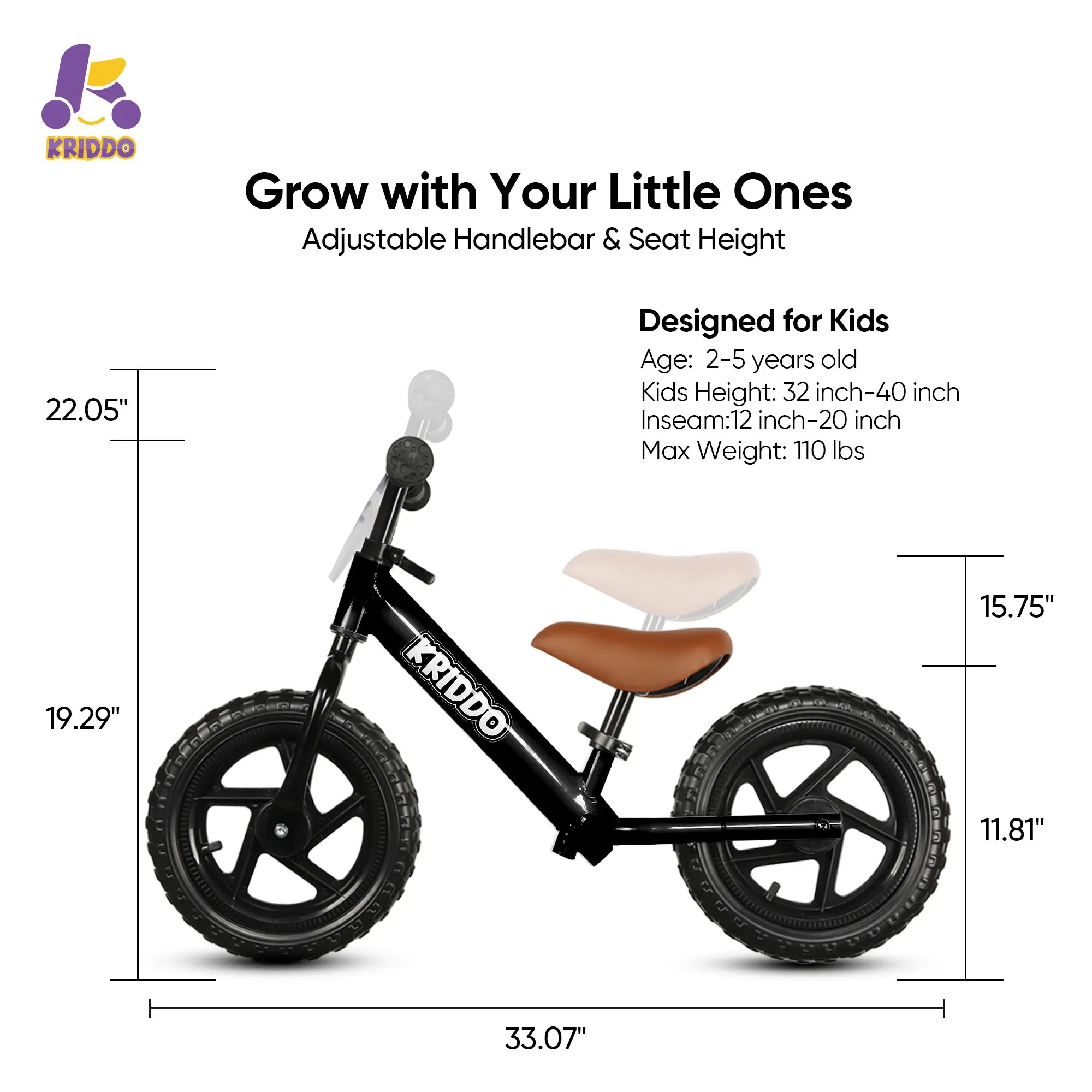 KRIDDO Classic Toddler Balance Bike with Customizable Plate for Ages 2 to 5 Years Black
