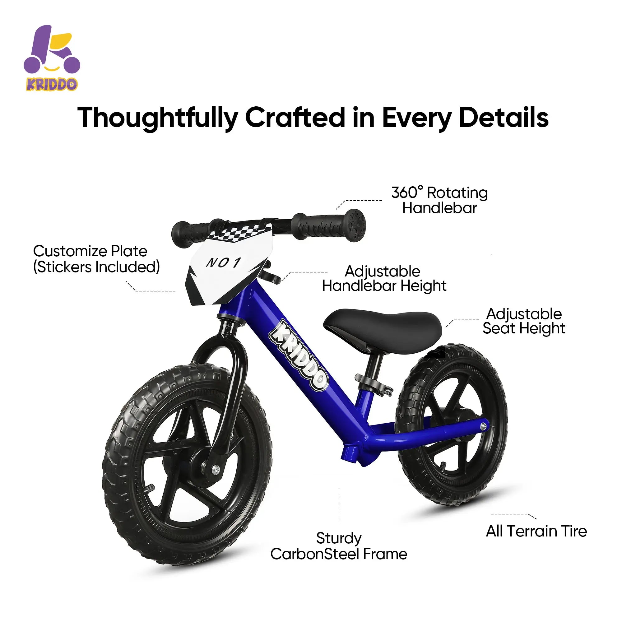 KRIDDO 12 Inch Toddler Balance Bike with Custom Name Plate for Ages 2–5 Blue Features