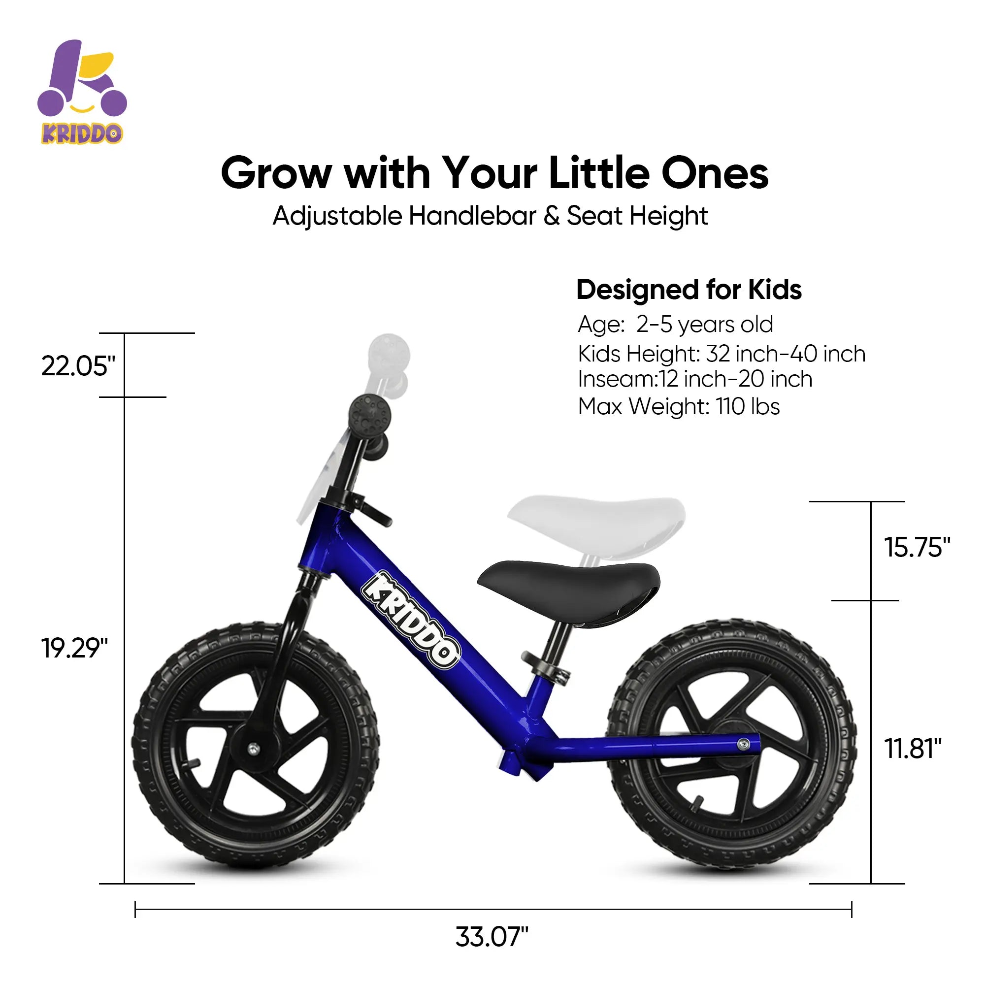 KRIDDO Blue 12-inch toddler balance bike with personalized name plate and adjustable design.