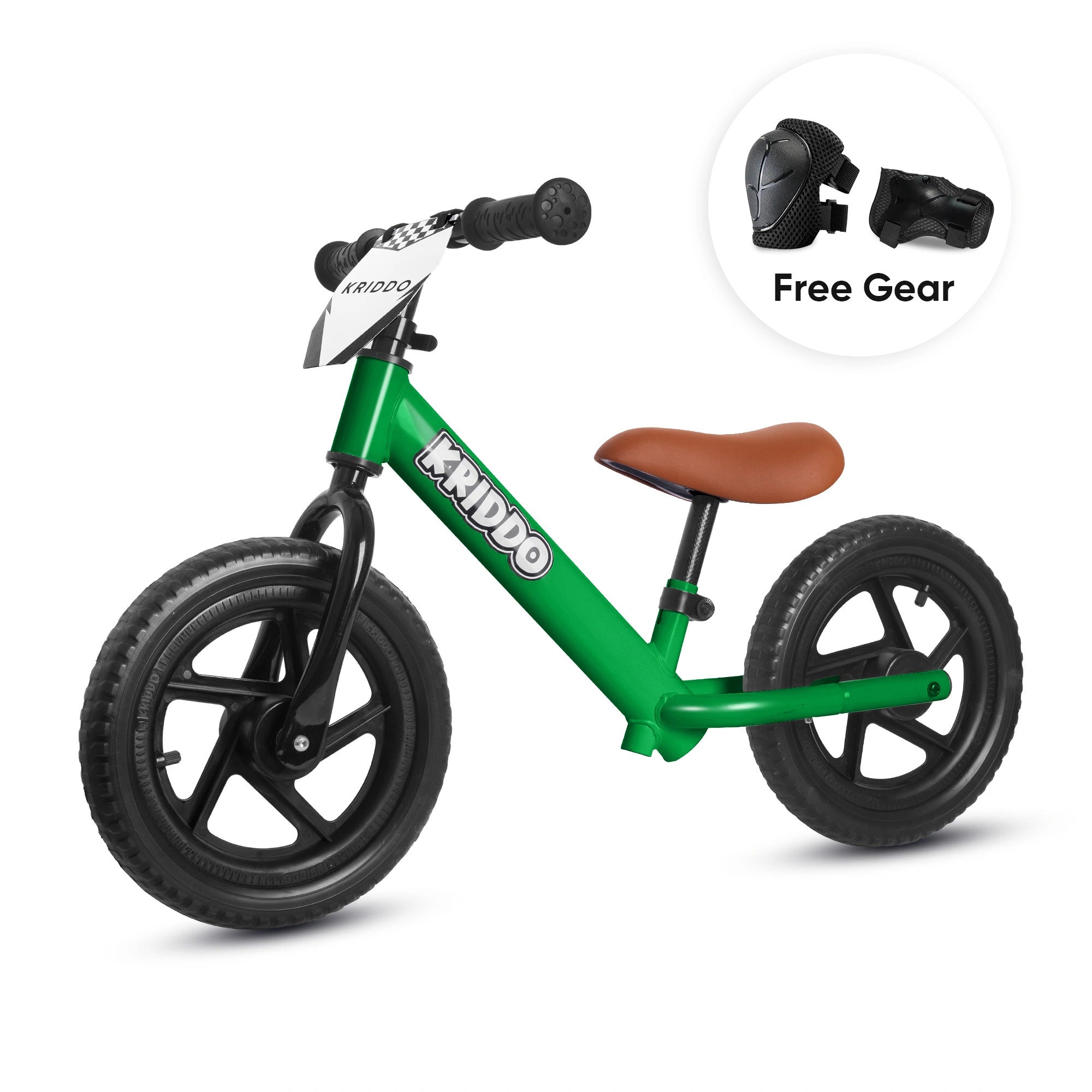KRIDDO 12 Inch Toddler Balance Bike with Custom Name Plate for Ages 2–5 Green, Includes Free Protective Gear Set
