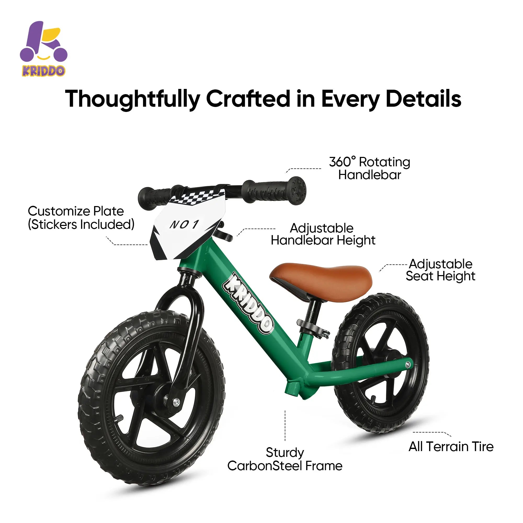 KRIDDO 12 Inch Toddler Balance Bike with Custom Name Plate for Ages 2–5 Green Features