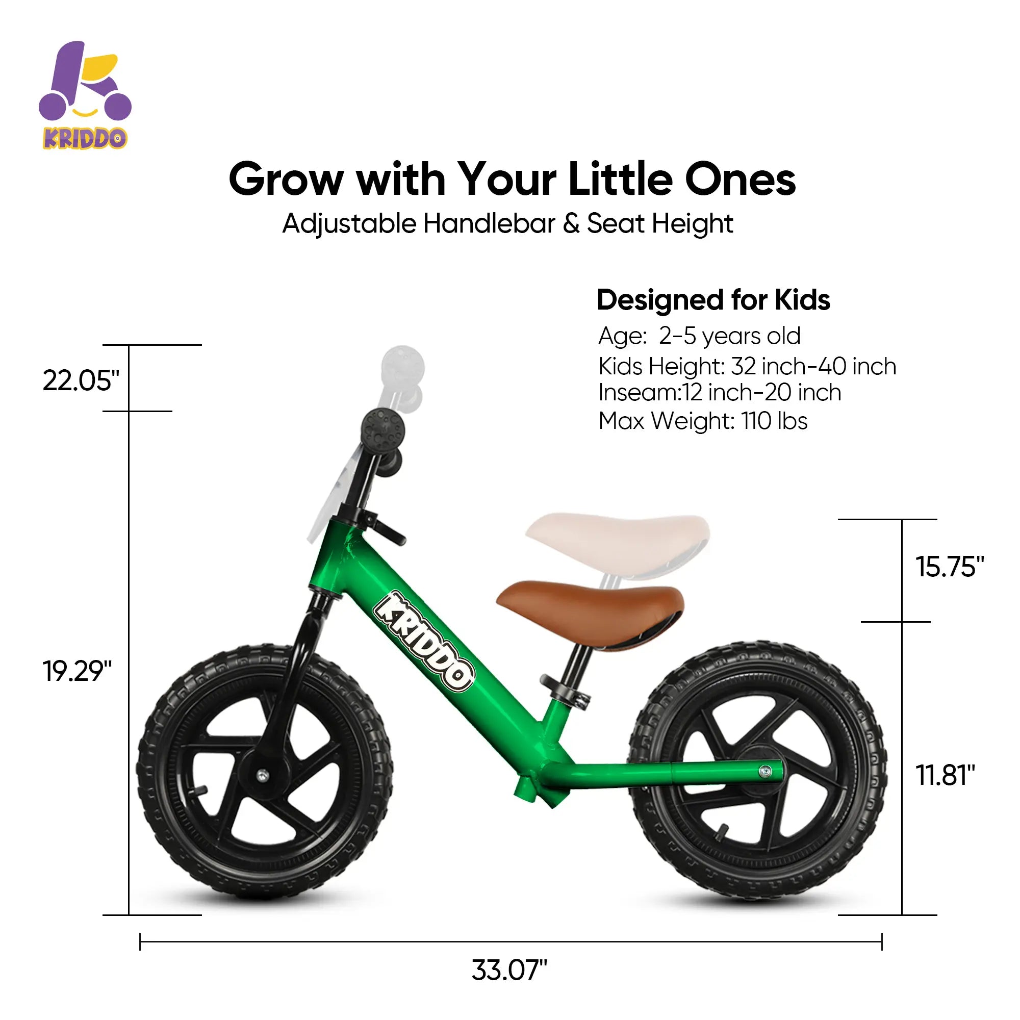 KRIDDO Green 12-inch toddler balance bike with personalized name plate and adjustable design.