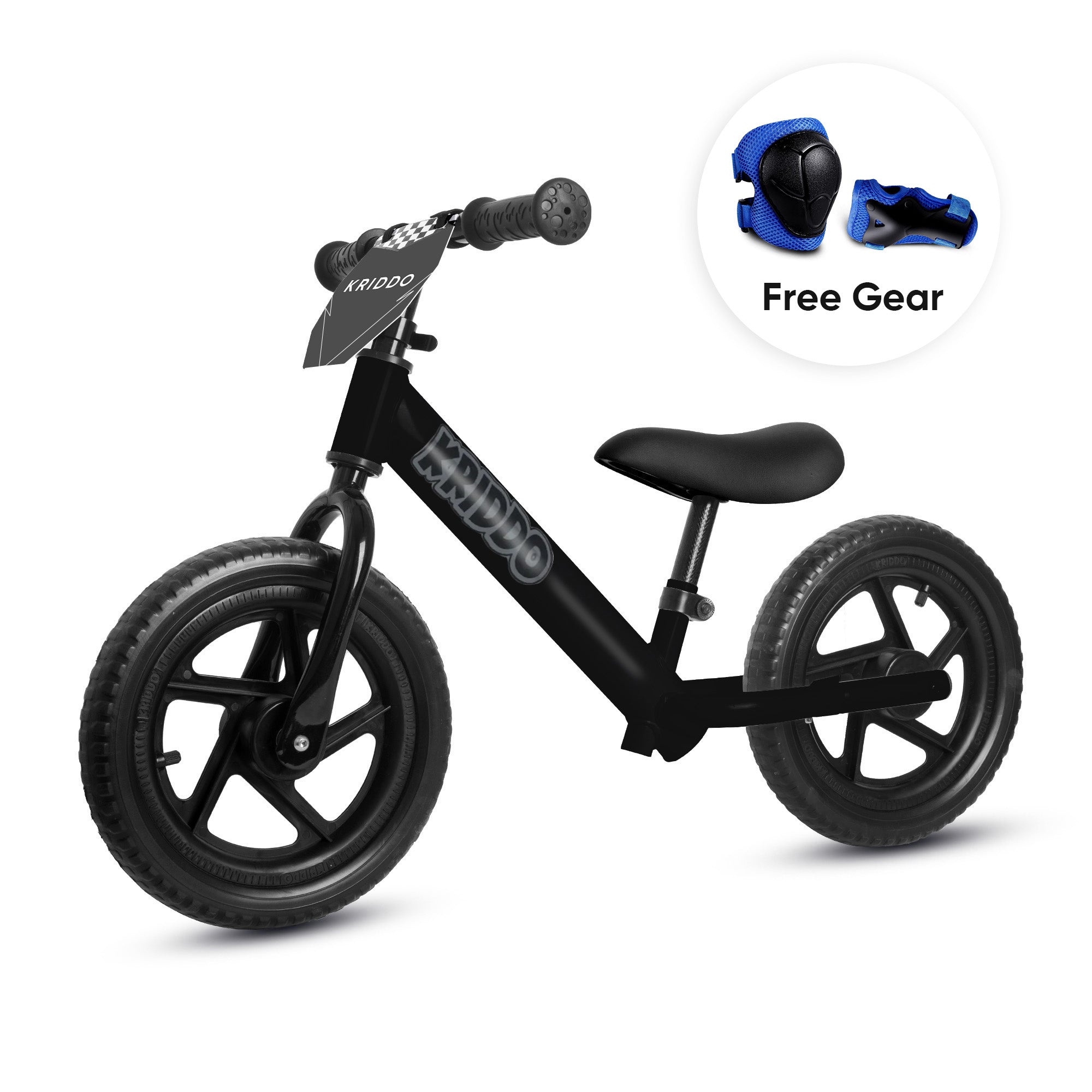 KRIDDO 12 Inch Toddler Balance Bike with Custom Name Plate for Ages 2–5 Matte Black, Includes Free Protective Gear Set