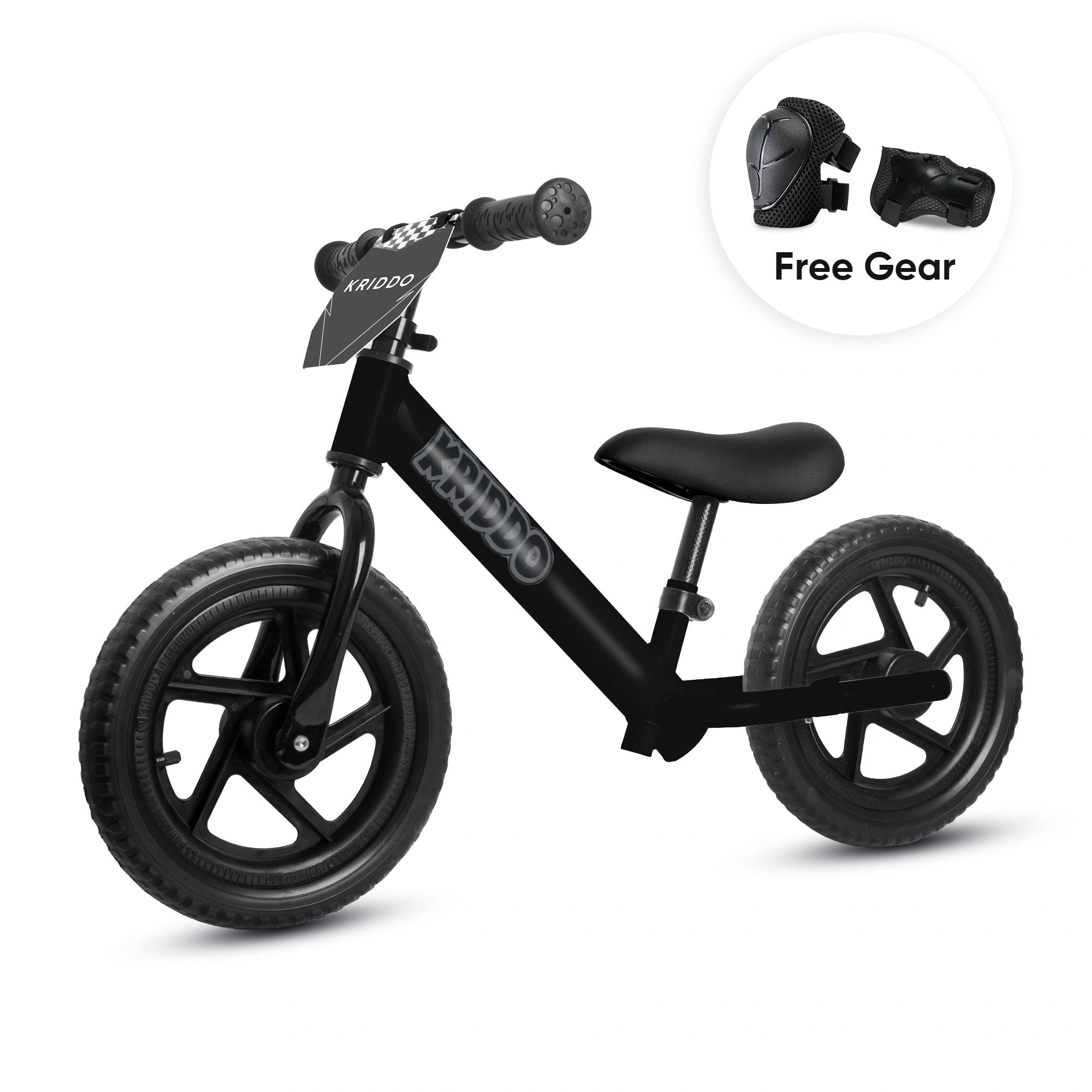 KRIDDO 12 Inch Toddler Balance Bike with Custom Name Plate for Ages 2–5 Matte Black, Includes Free Protective Gear Set