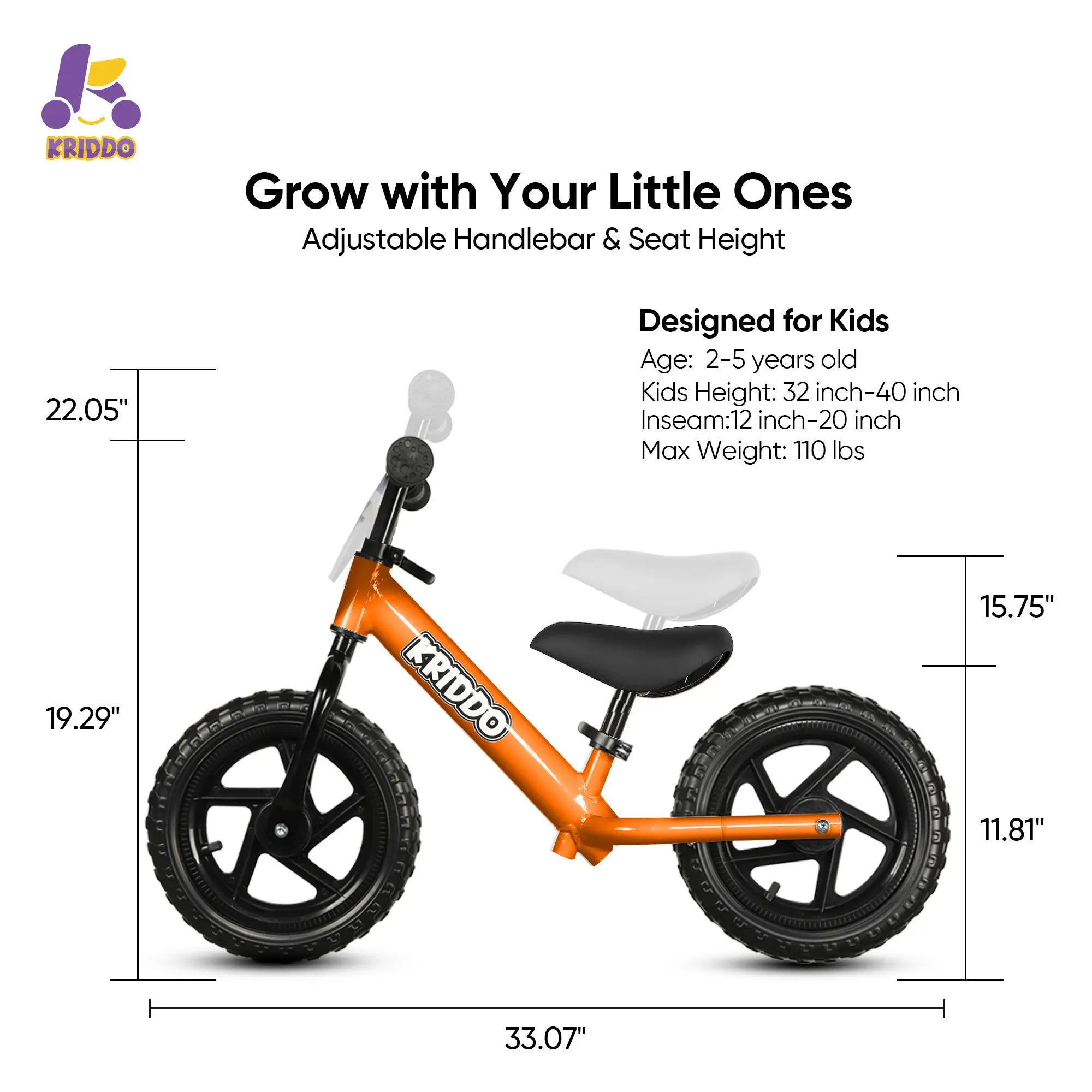 KRIDDO Orange 12-inch toddler balance bike with personalized name plate and adjustable design.