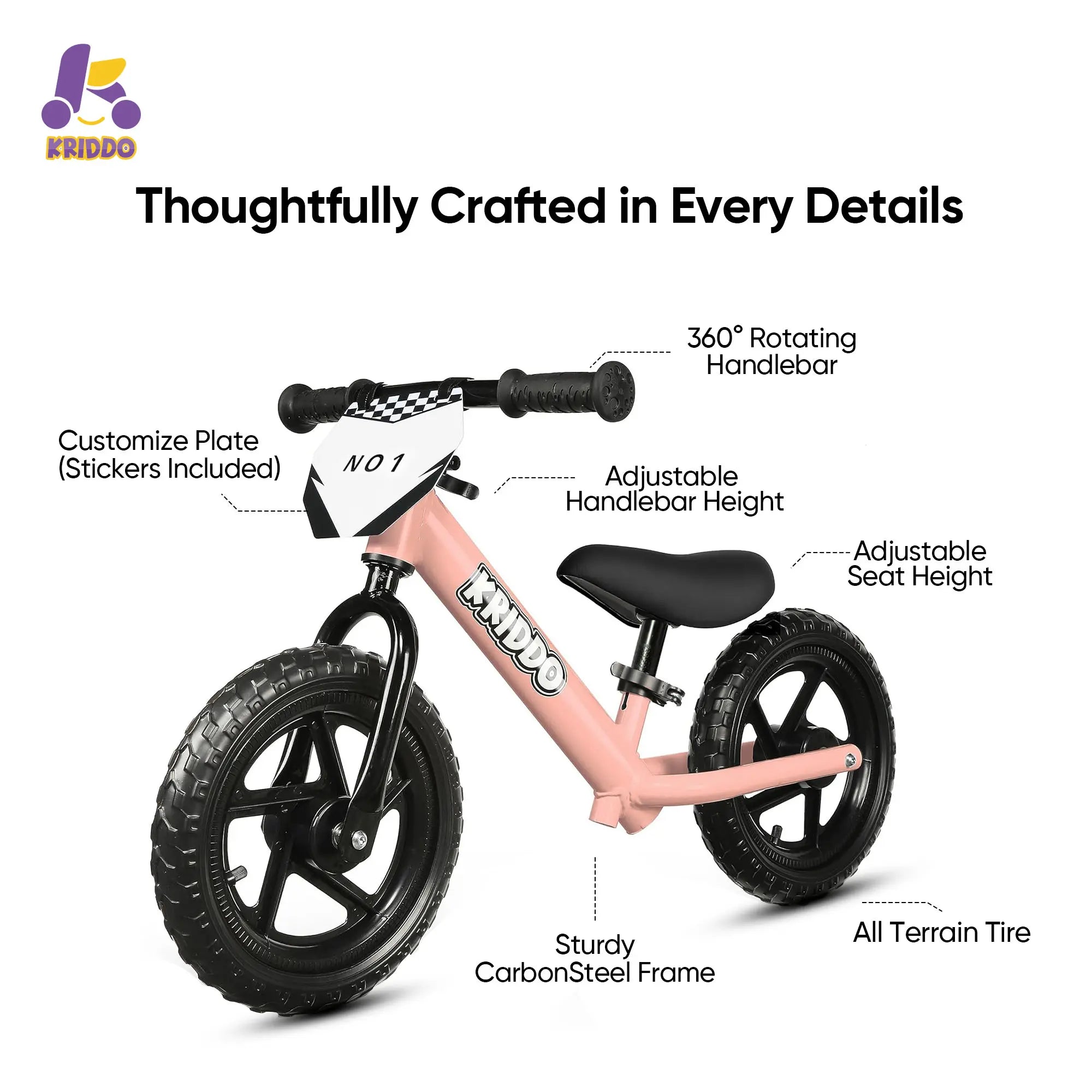 KRIDDO 12 Inch Toddler Balance Bike with Custom Name Plate for Ages 2–5 Pink Features