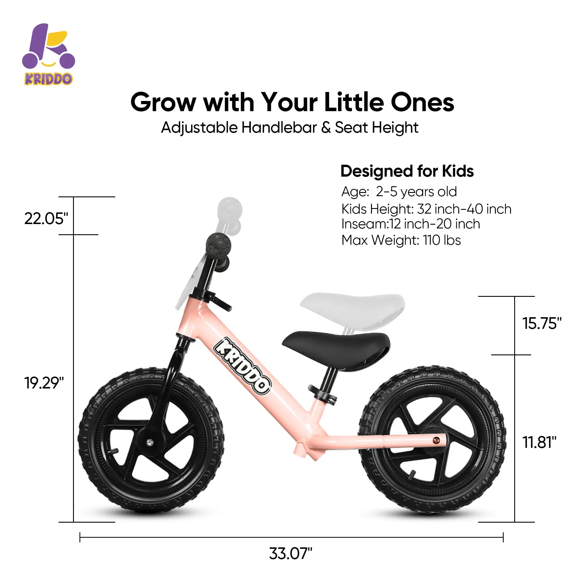 KRIDDO Pink 12-inch toddler balance bike with personalized name plate and adjustable design.