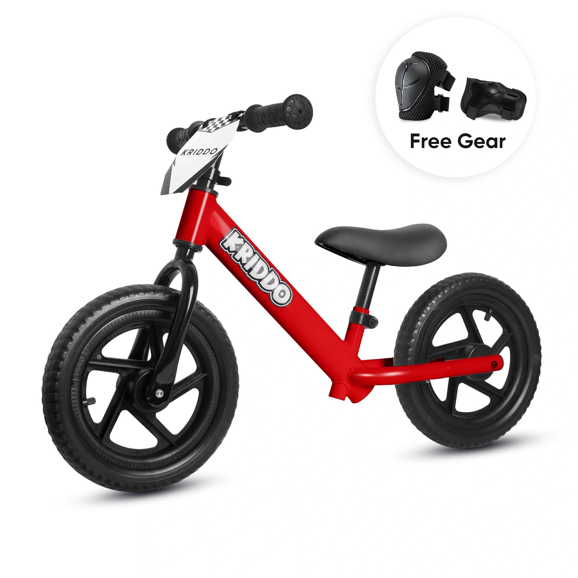 KRIDDO 12 Inch Toddler Balance Bike with Custom Name Plate for Ages 2–5 Red, Includes Free Protective Gear Set