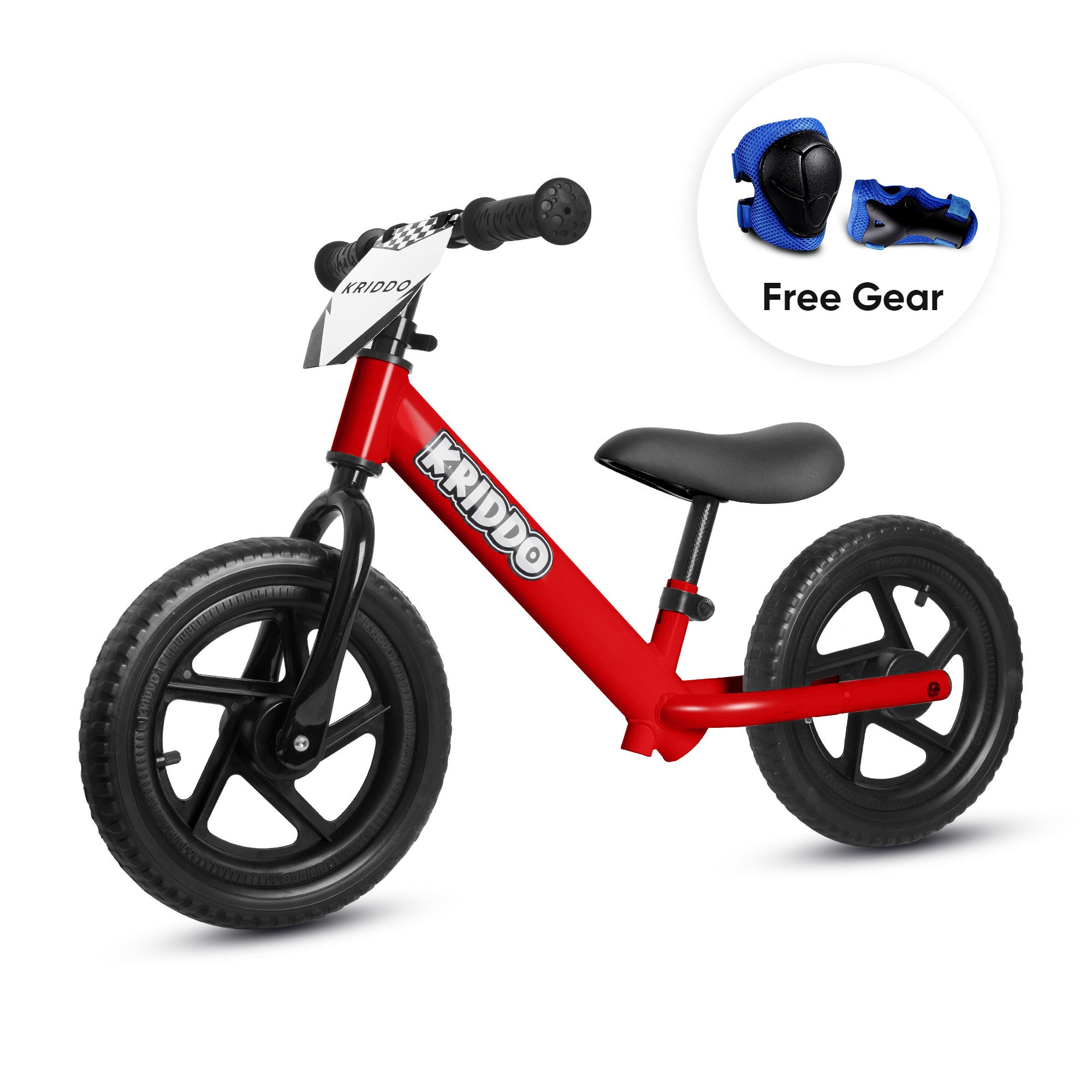 KRIDDO 12 Inch Toddler Balance Bike with Custom Name Plate for Ages 2–5 Red, Includes Free Protective Gear Set