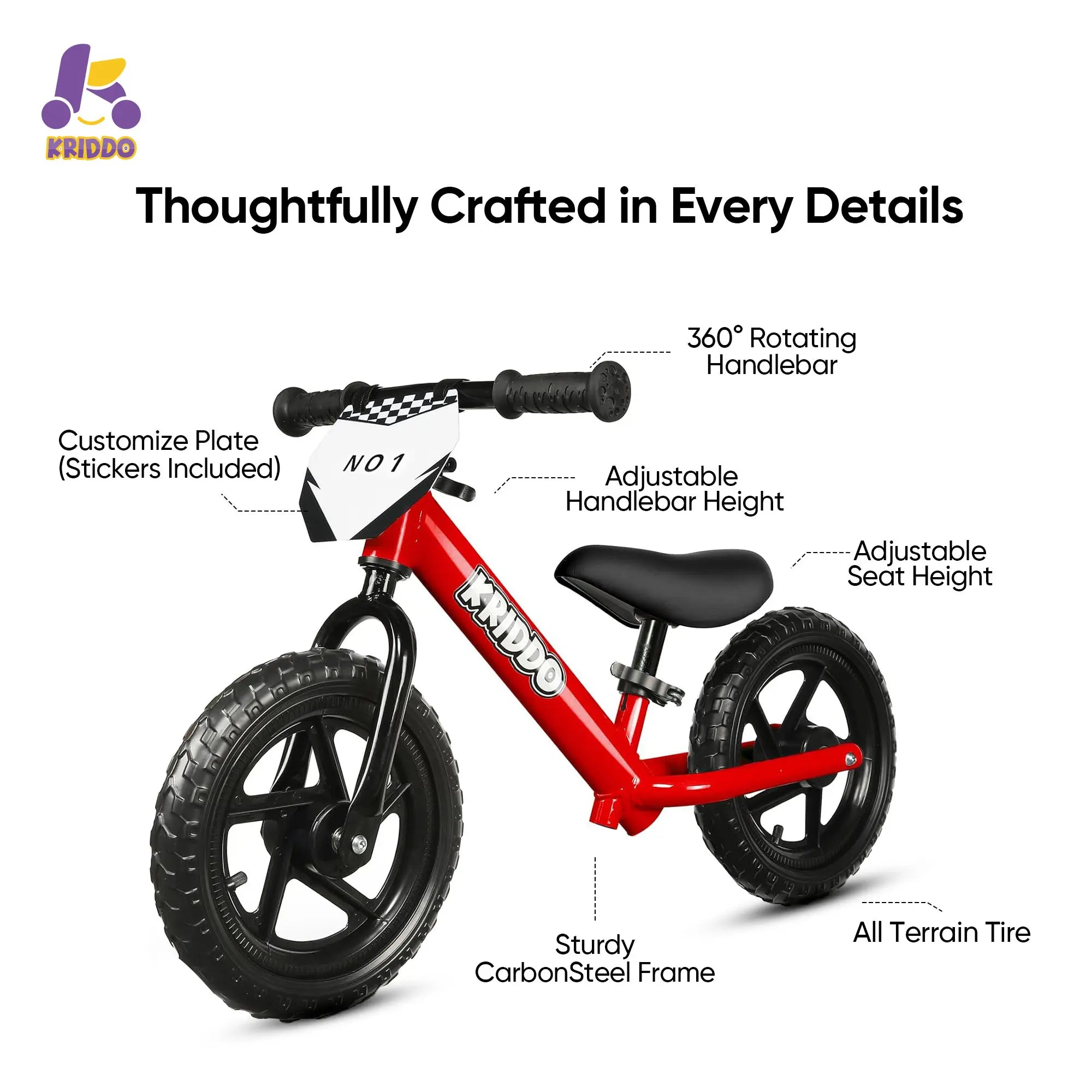 KRIDDO 12 Inch Toddler Balance Bike with Custom Name Plate for Ages 2–5 Red Features