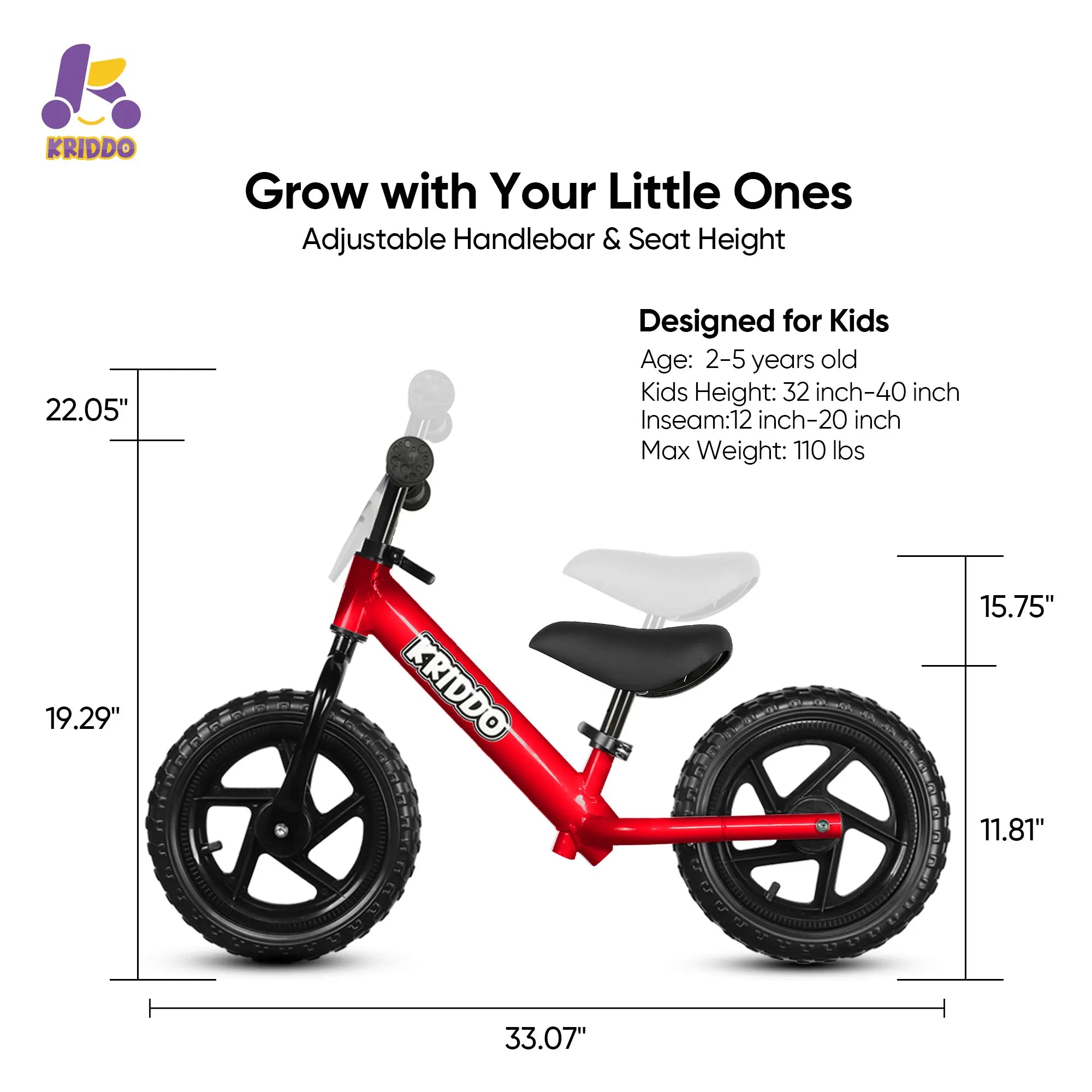 KRIDDO Red 12-inch toddler balance bike with personalized name plate and adjustable design.