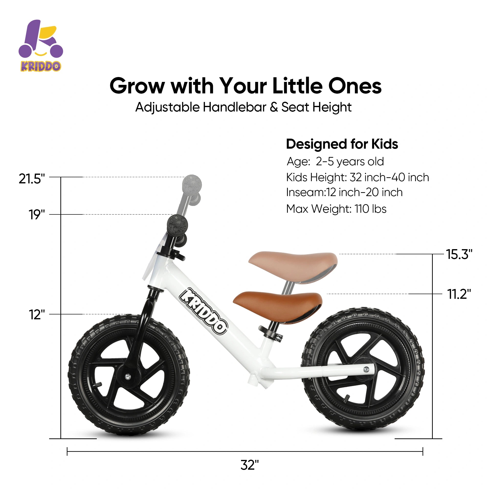 Children's balance bike with adjustable handlebar and seat height