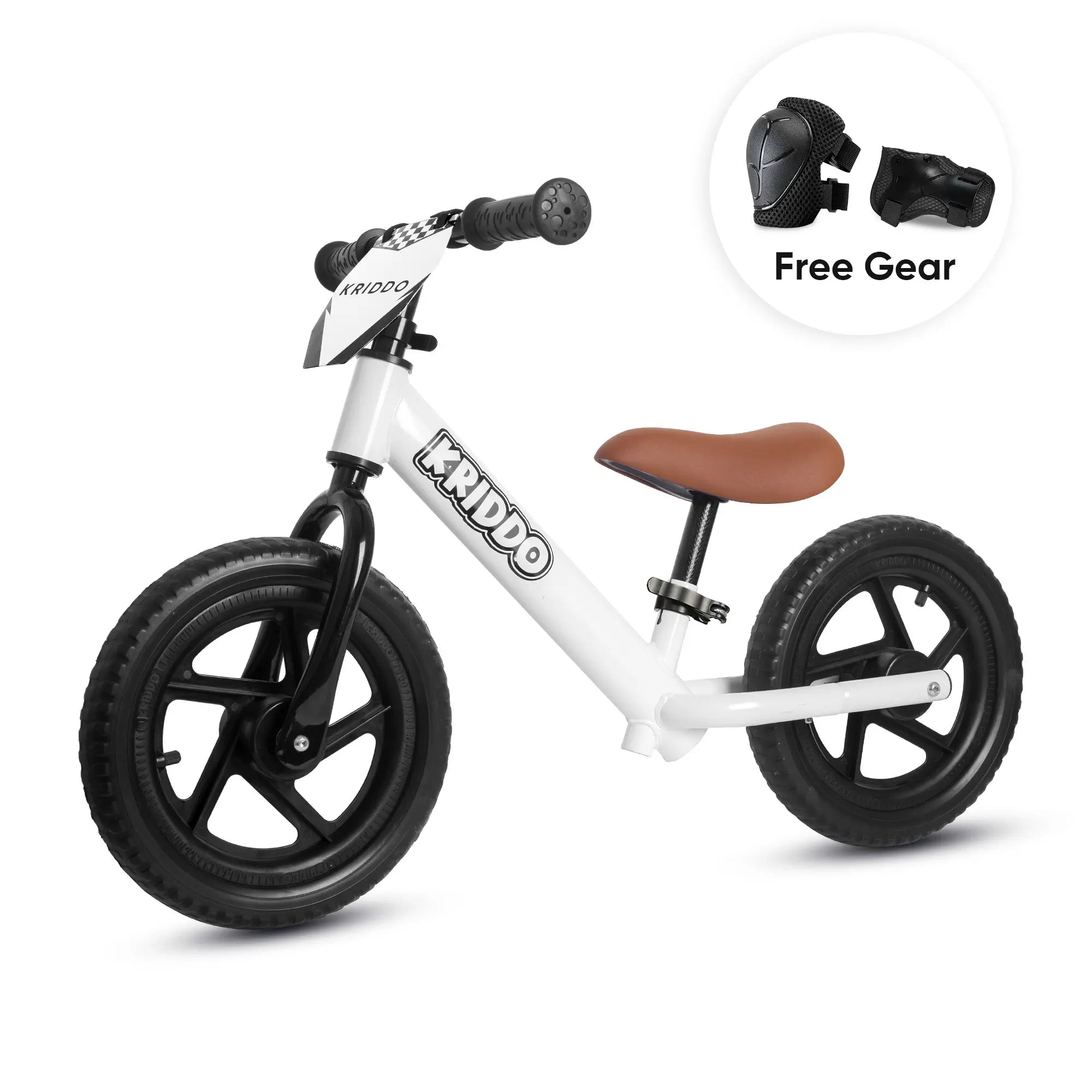 KRIDDO 12 Inch Toddler Balance Bike with Custom Name Plate for Ages 2–5 White, Includes Free Protective Gear Set