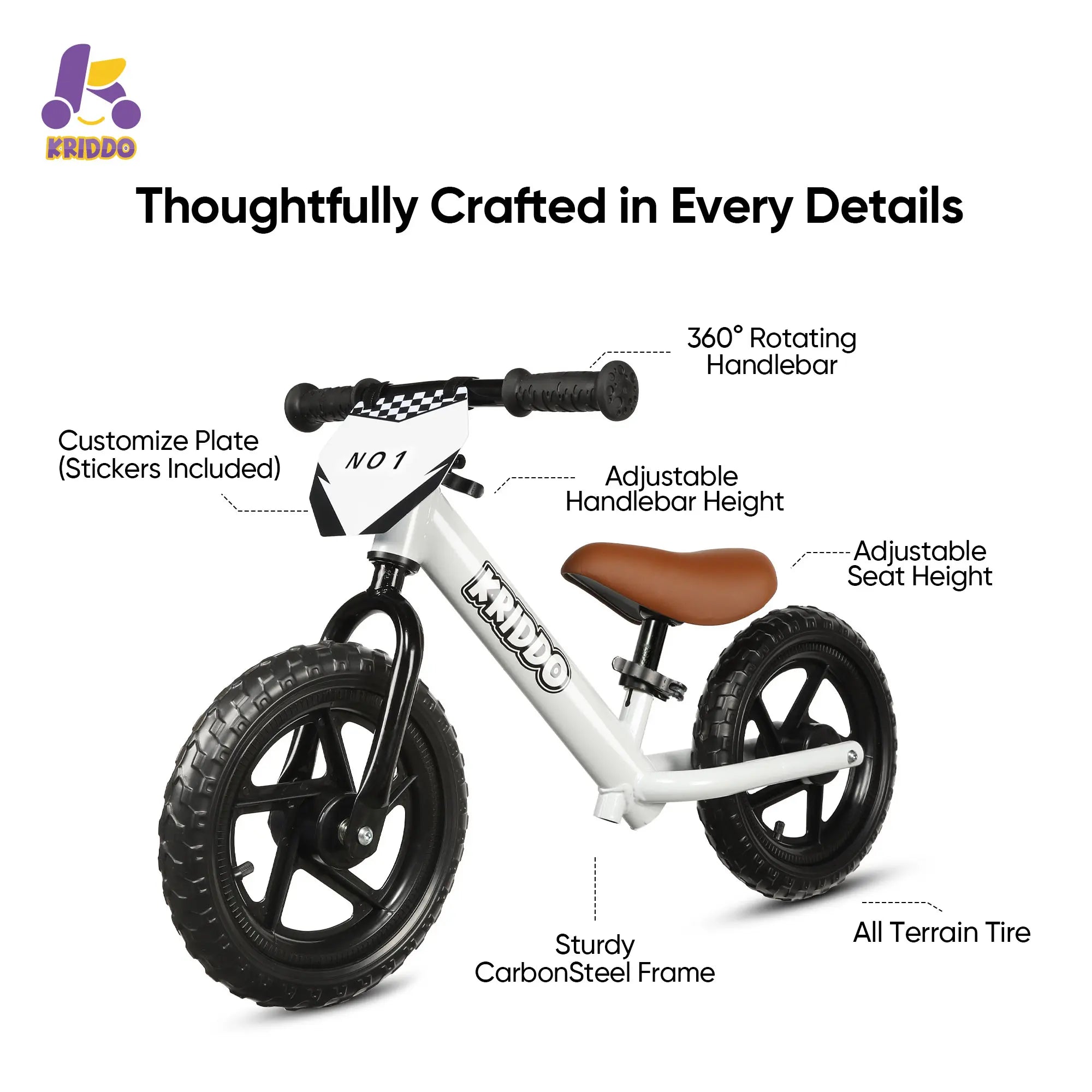 KRIDDO 12 Inch Toddler Balance Bike with Custom Name Plate for Ages 2–5 White Features