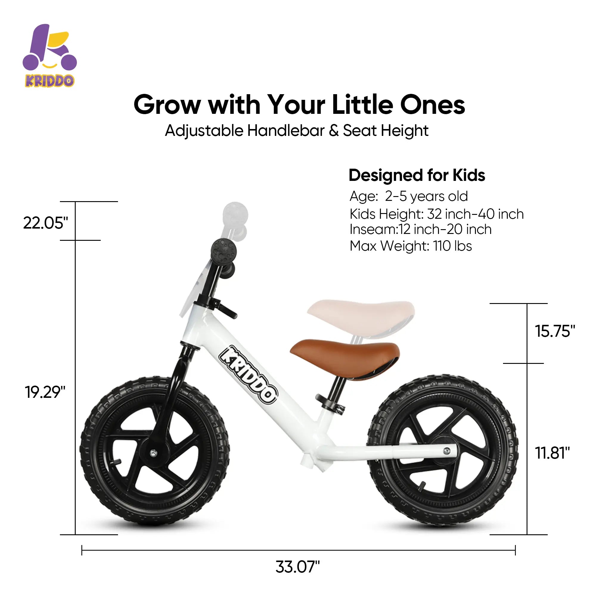 KRIDDO Classic Toddler Balance Bike with Customizable Plate for Ages 2 to 5 Years White