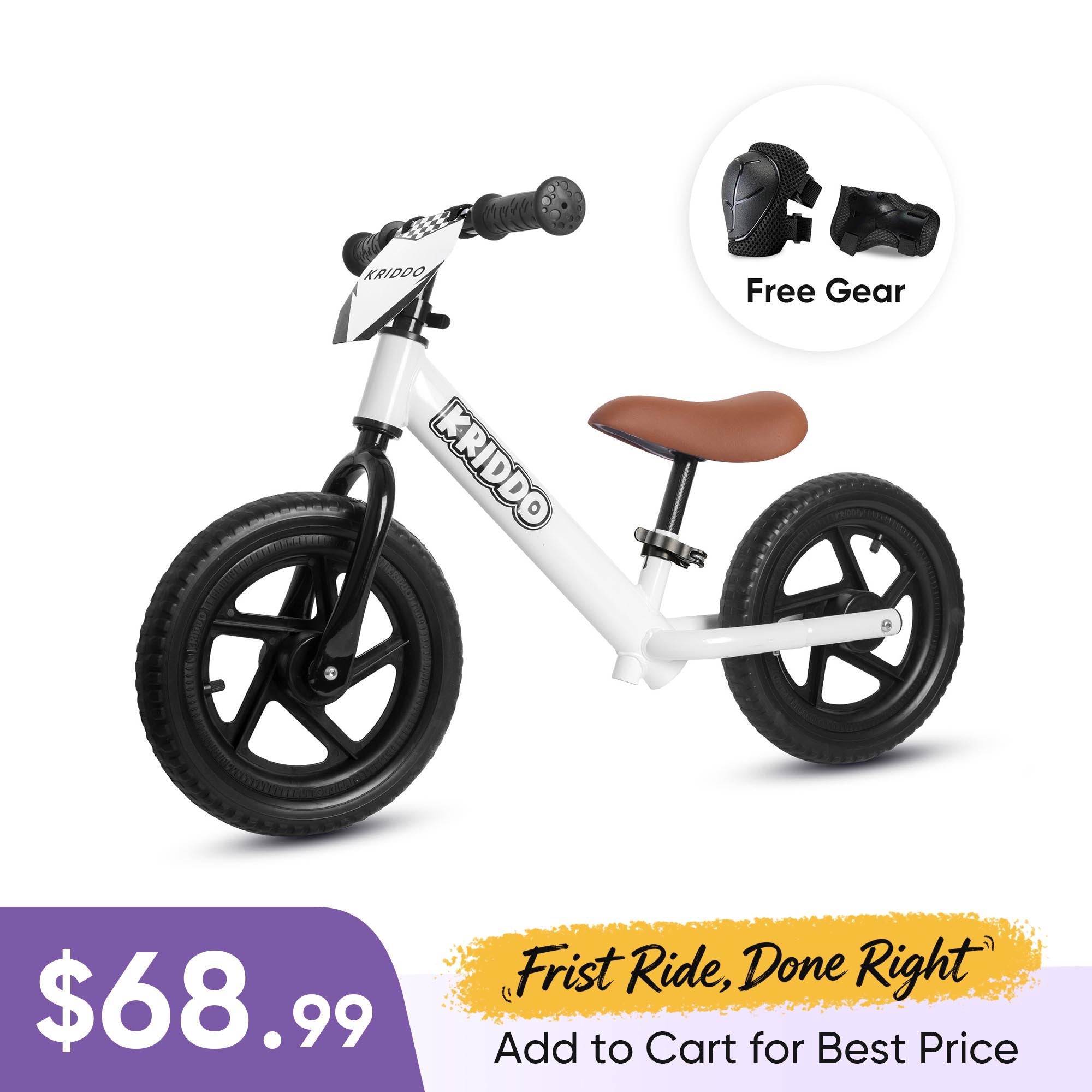 KRIDDO 12 Inch Toddler Balance Bike with Custom Name Plate for Ages 2–5 White, Includes Free Protective Gear Set