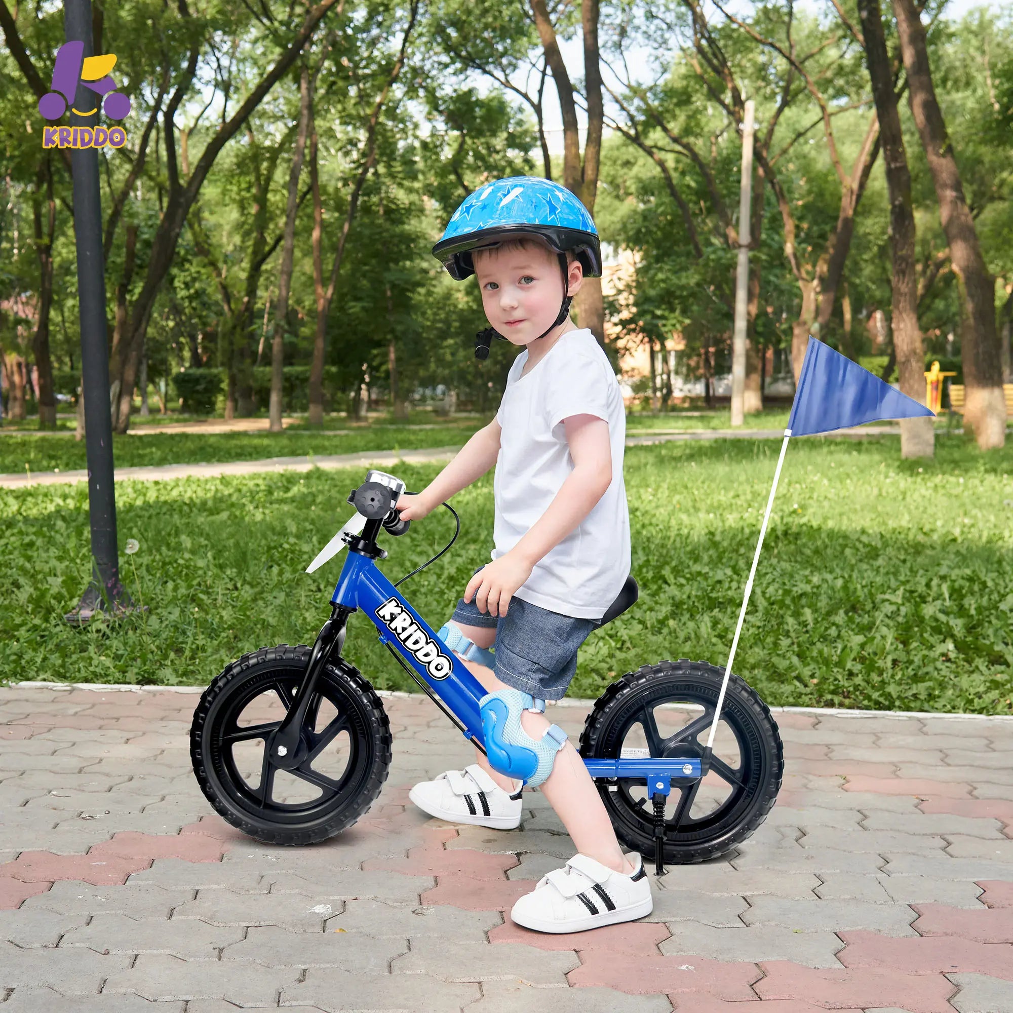 Toddler boy riding a blue balance bike with hand brake and a flag in a park, wearing a helmet.