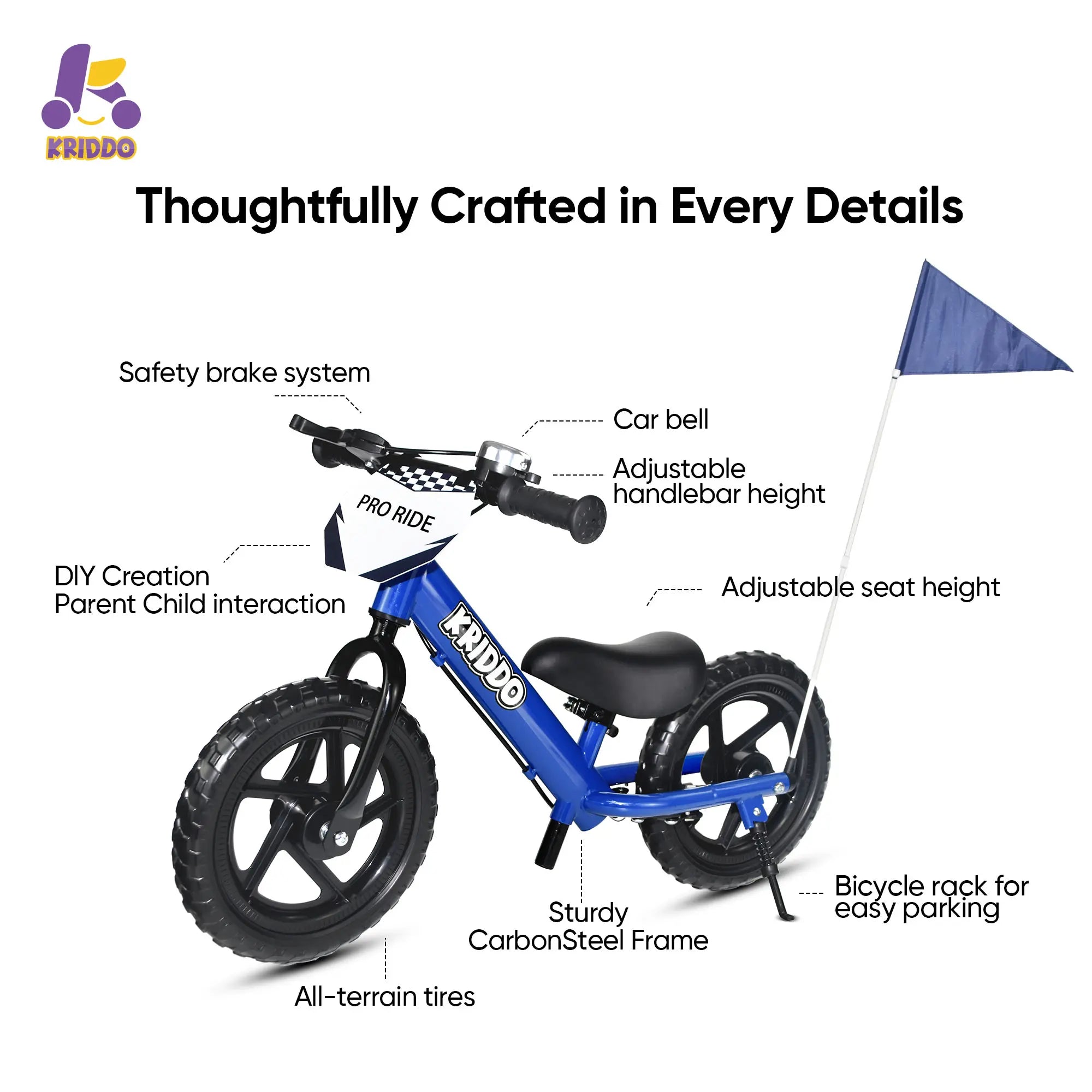 KRIDDO blue balance bike with brakes features