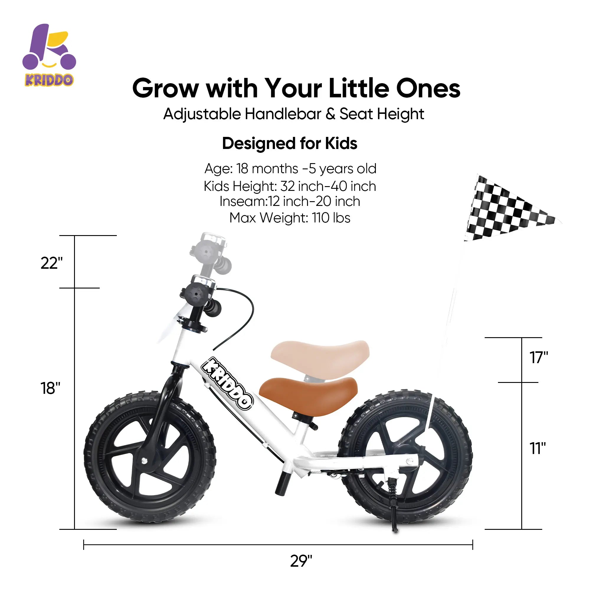 KRIDDO white balance bike with adjustable handlebar and seat height, designed for kids