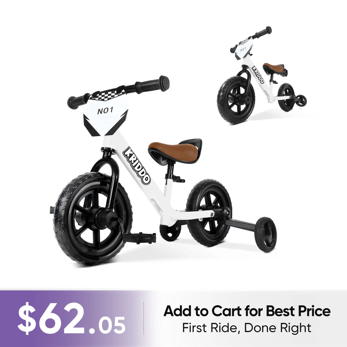 Safe Start | KRIDDO Convertible Balance Bike with Training Wheels