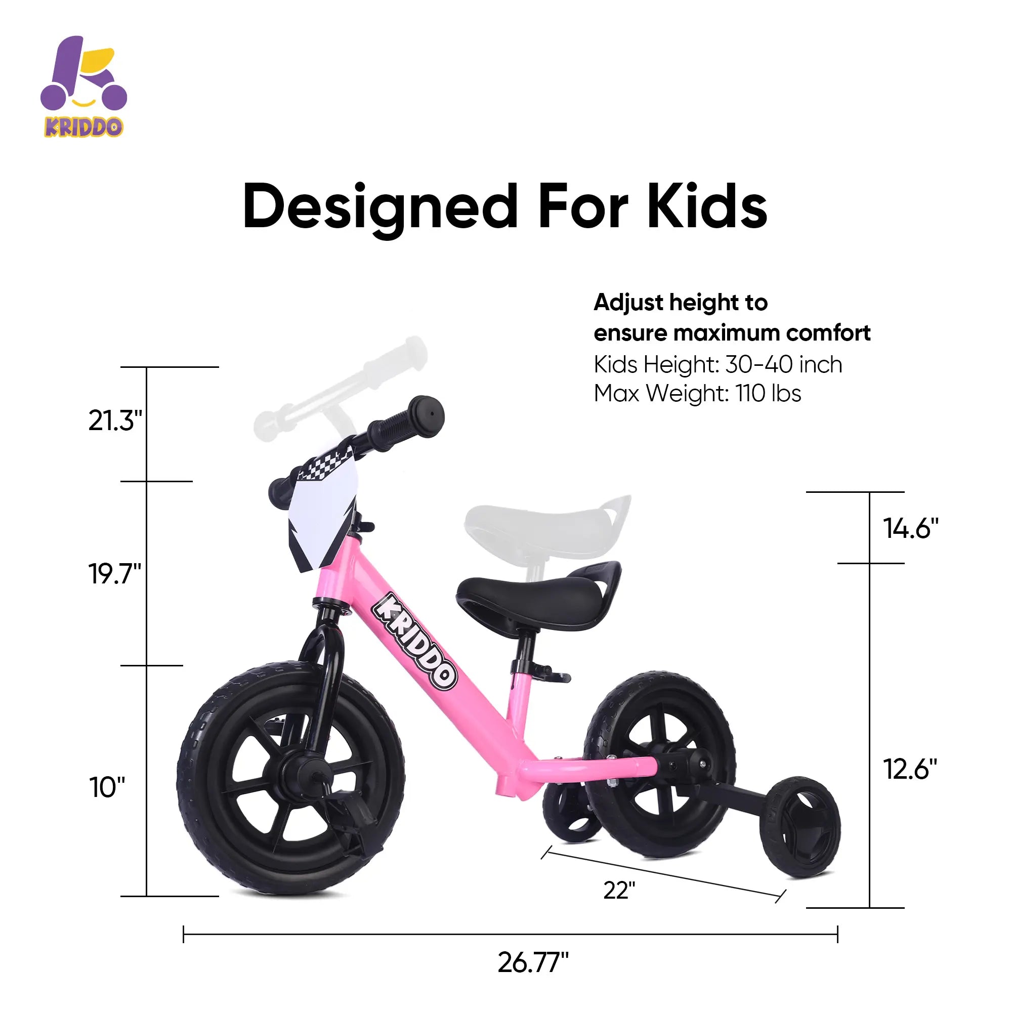 KRIDDO Pedal-Assist Toddler Bike with Training Wheels for Ages 18 Months to 3 Years Pink