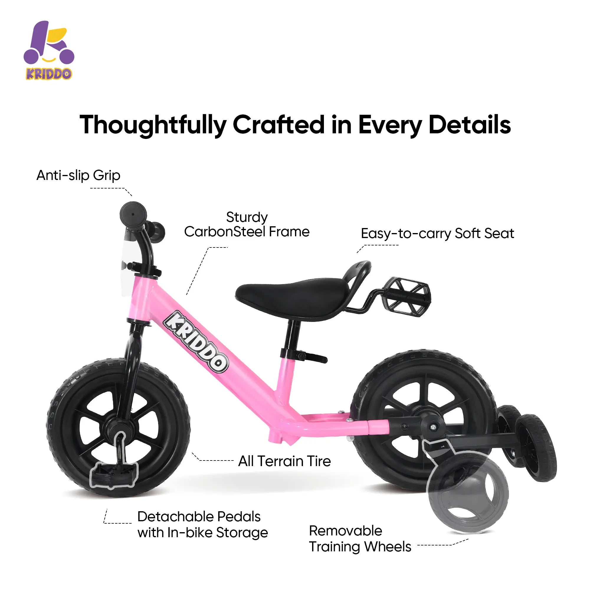 KRIDDO Pedal-Assist Toddler Bike with Training Wheels for Ages 18 Months to 3 Years Pink