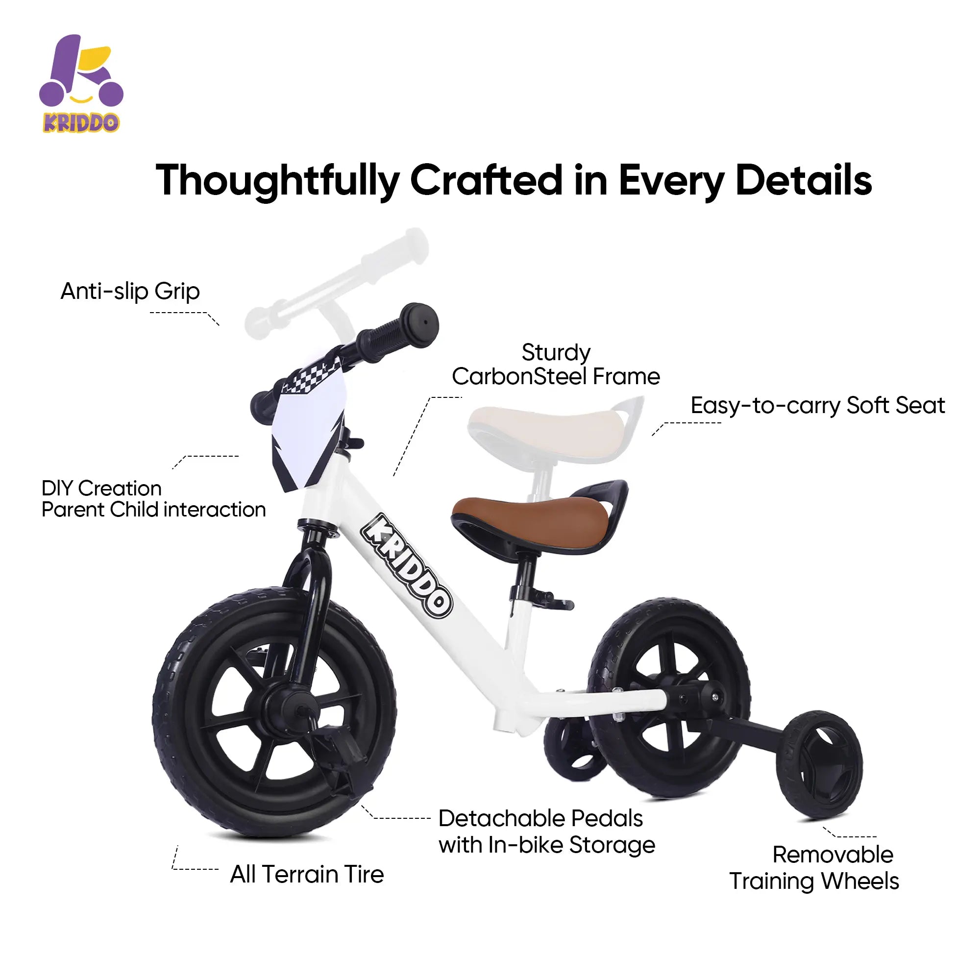 KRIDDO Pedal-Assist Toddler Bike with Training Wheels for Ages 18 Months to 3 Years White