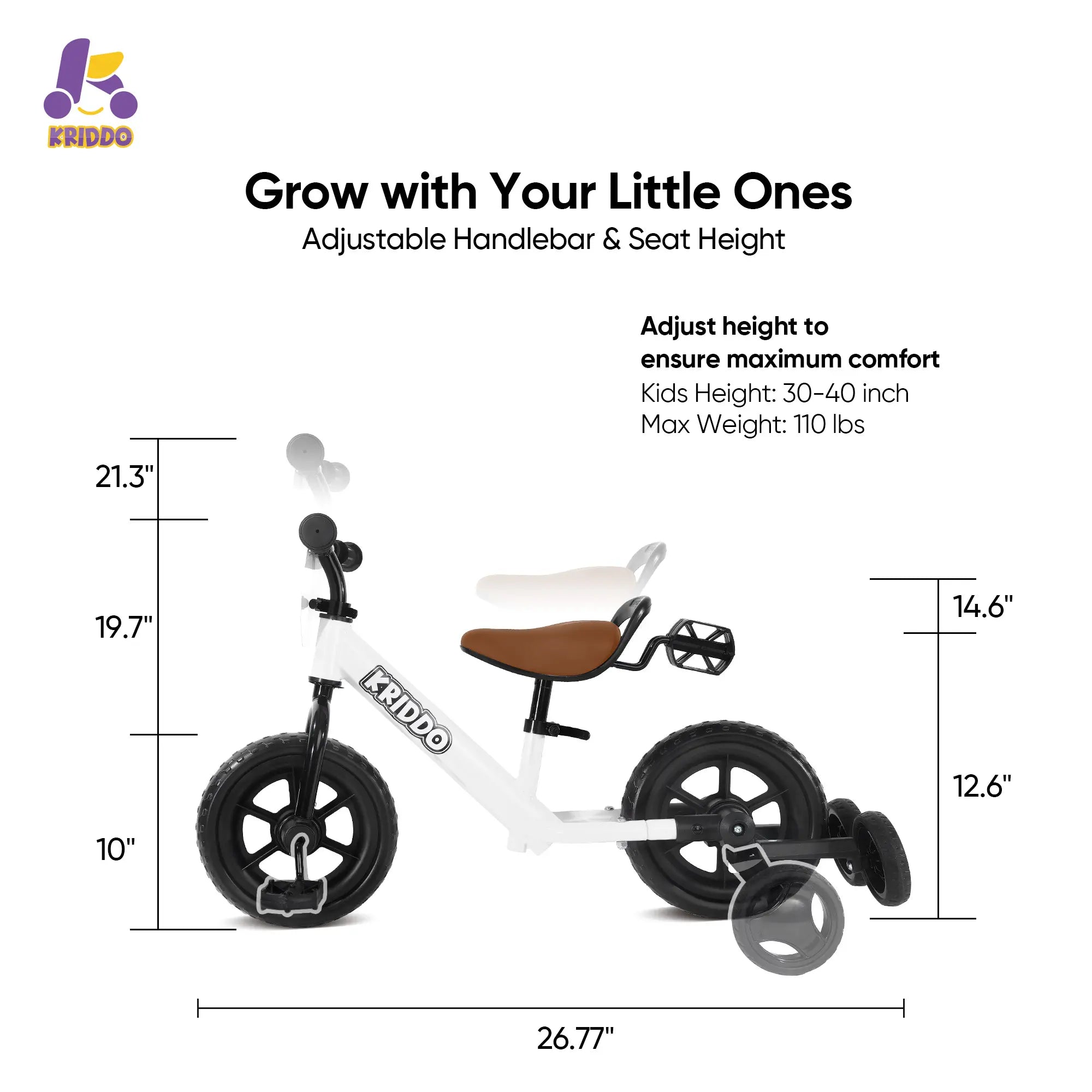 KRIDDO convertible balance bike with adjustable handlebar and seat height features