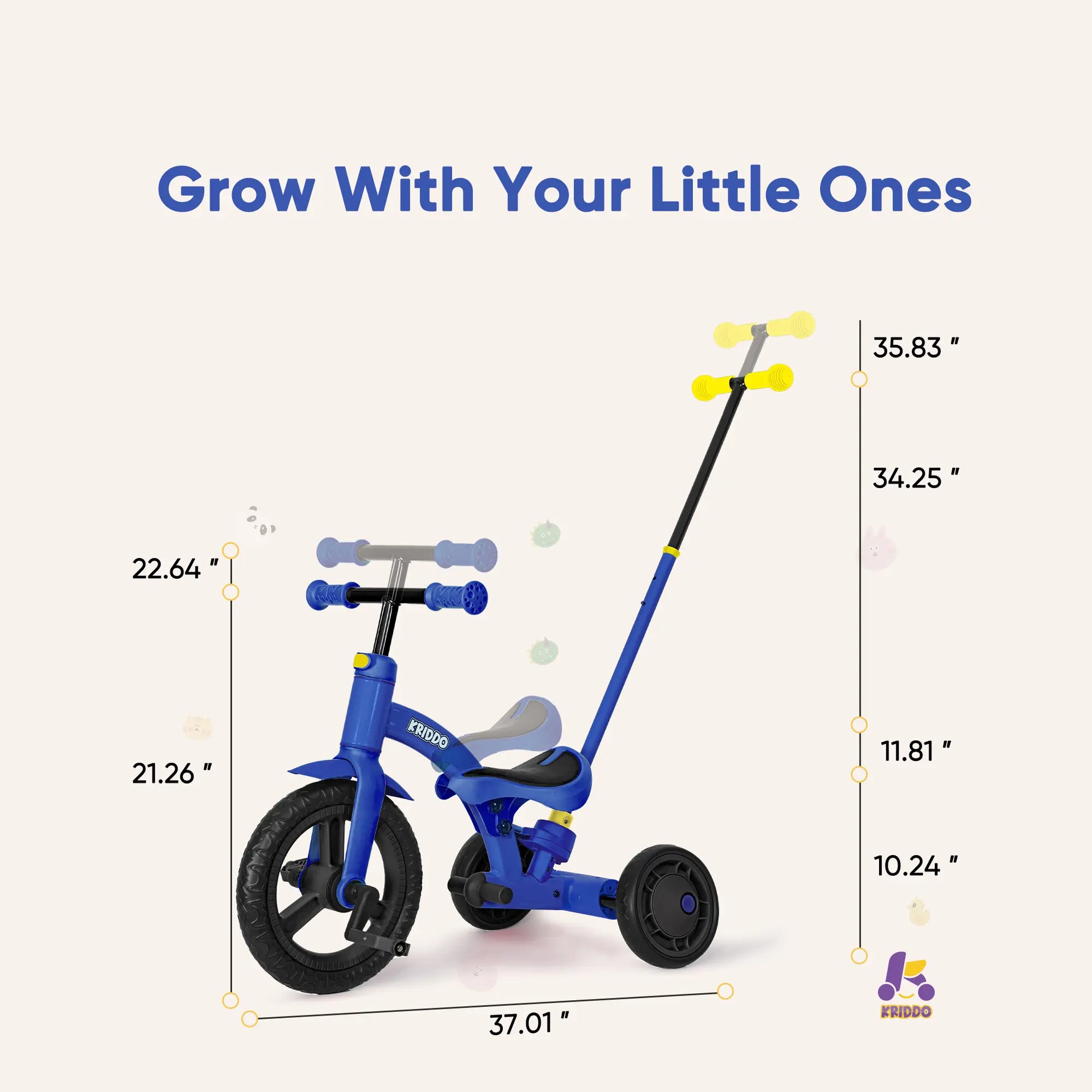 KRIDDO 4-in-1 Childrens Trike for 1.5 to 3 Years Old Blue