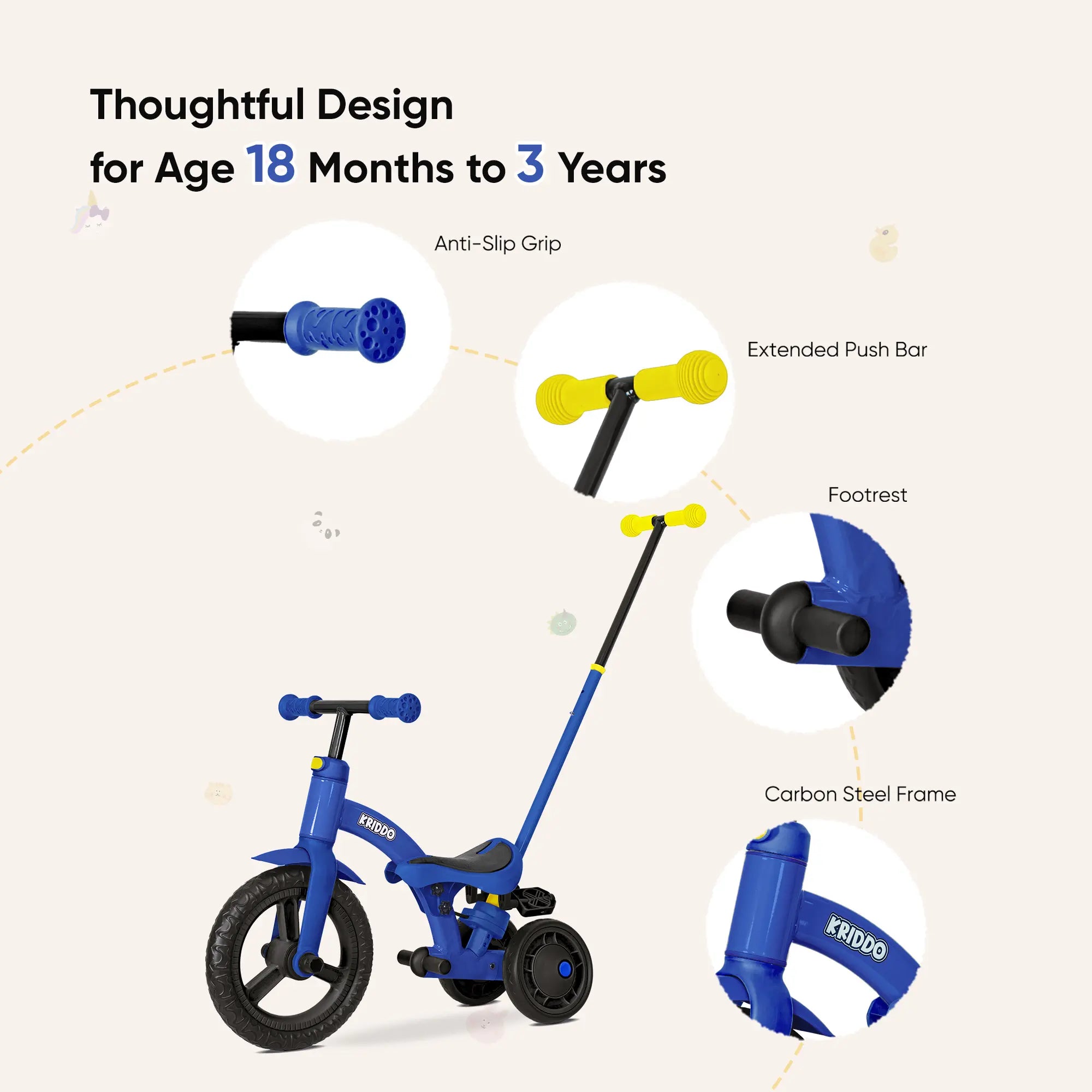 KRIDDO 4-in-1 Childrens Trike for 1.5 to 3 Years Old Blue
