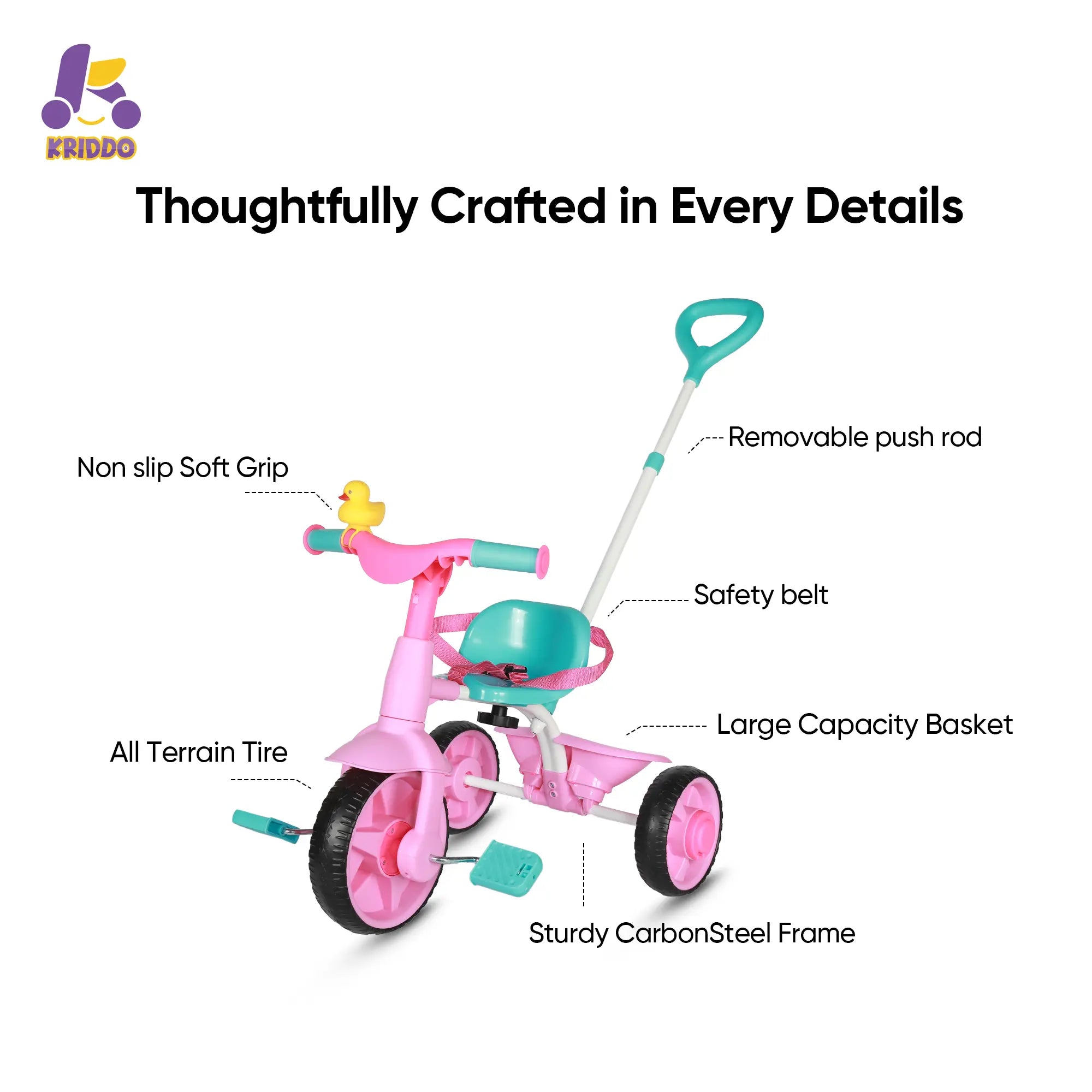 KRIDDO 2-in-1 Kids Push Trike for 18 months to 3 Years Old Pink